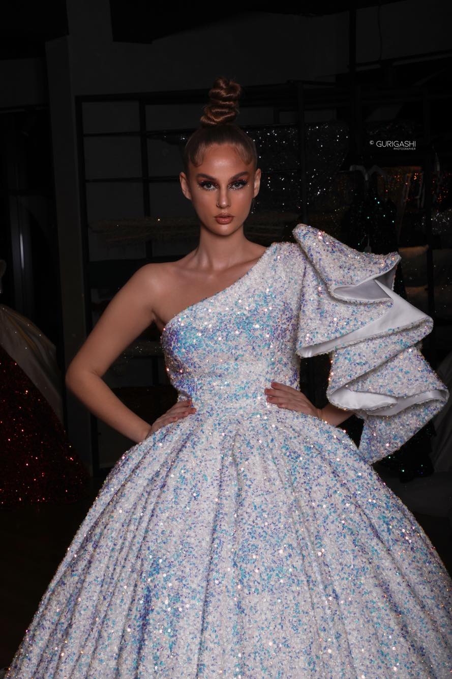 One Shoulder Ruffle Sleeve Shimmering Ball Gown