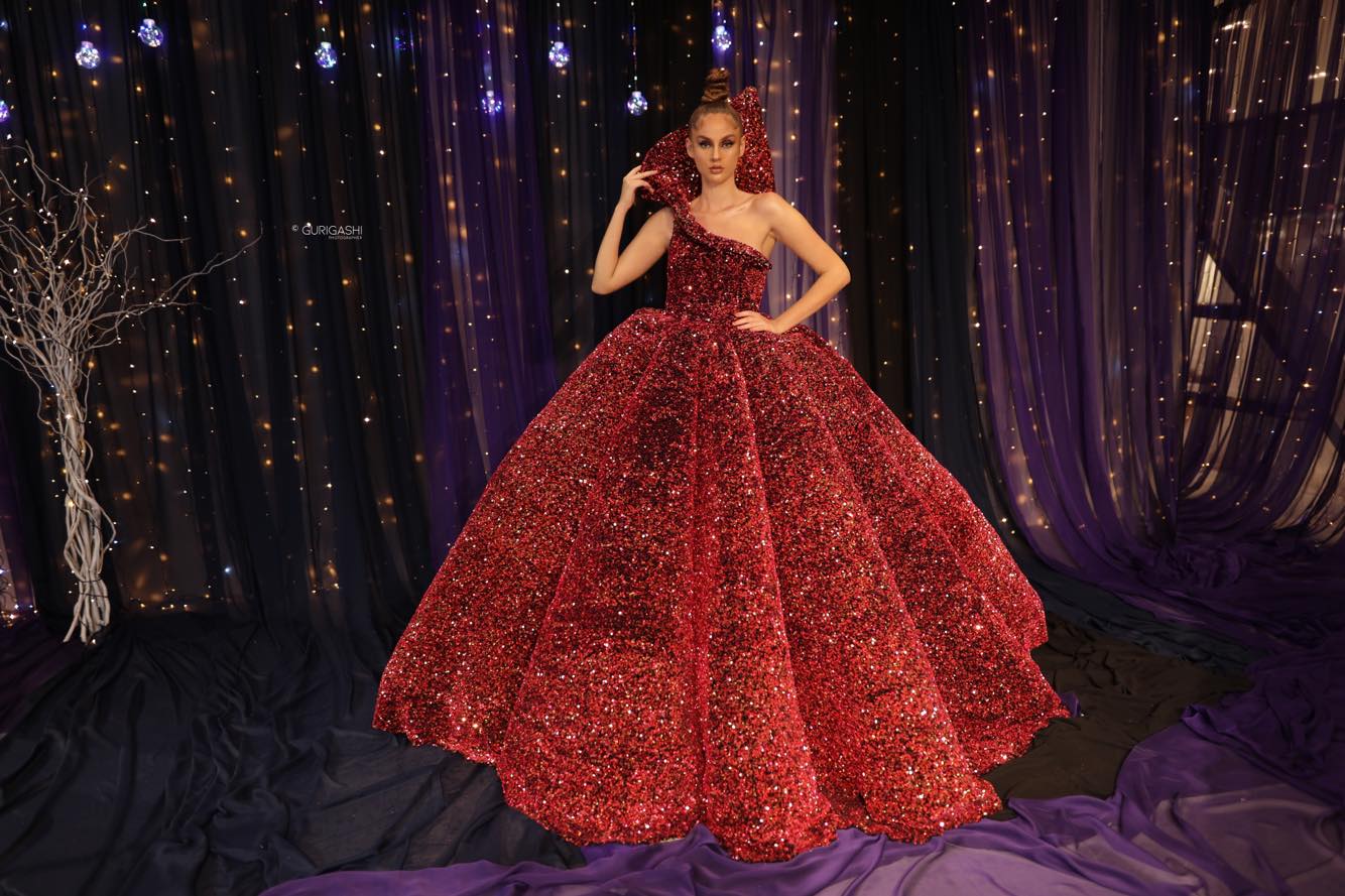 One Shoulder Red Shimmering Ball Gown