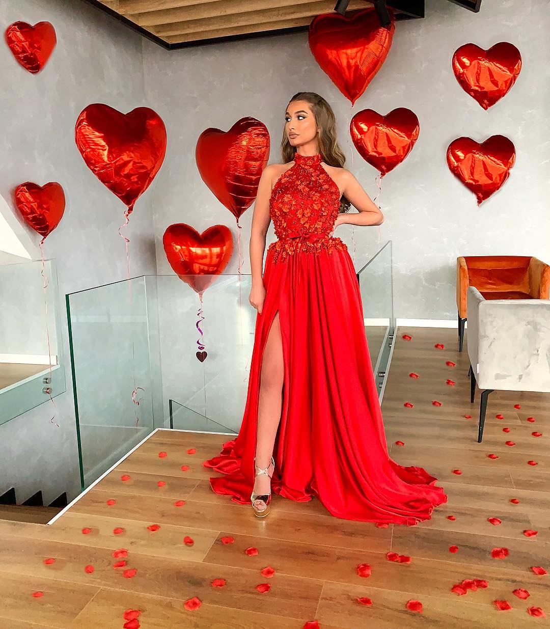 Red Halter Side Slit Dress