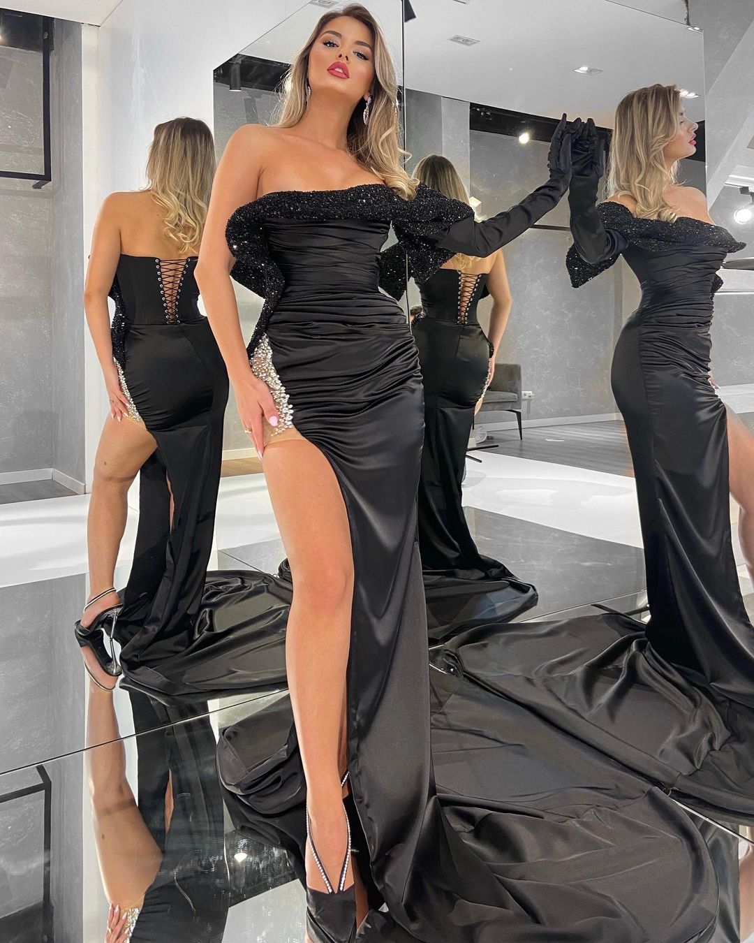 Asymmetrical One Shoulder Black Evening Dress