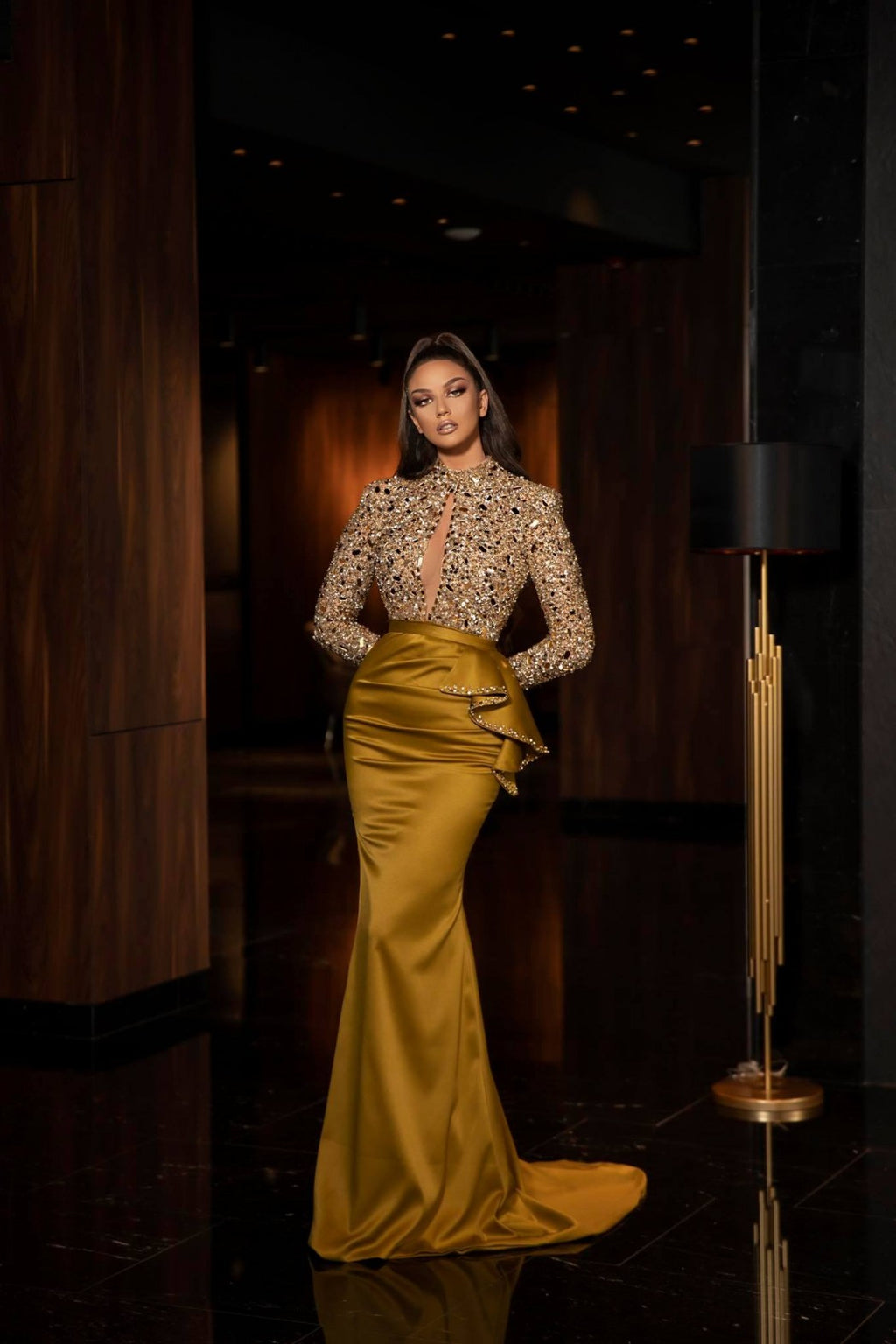 Embroidered Satin Evening Gown