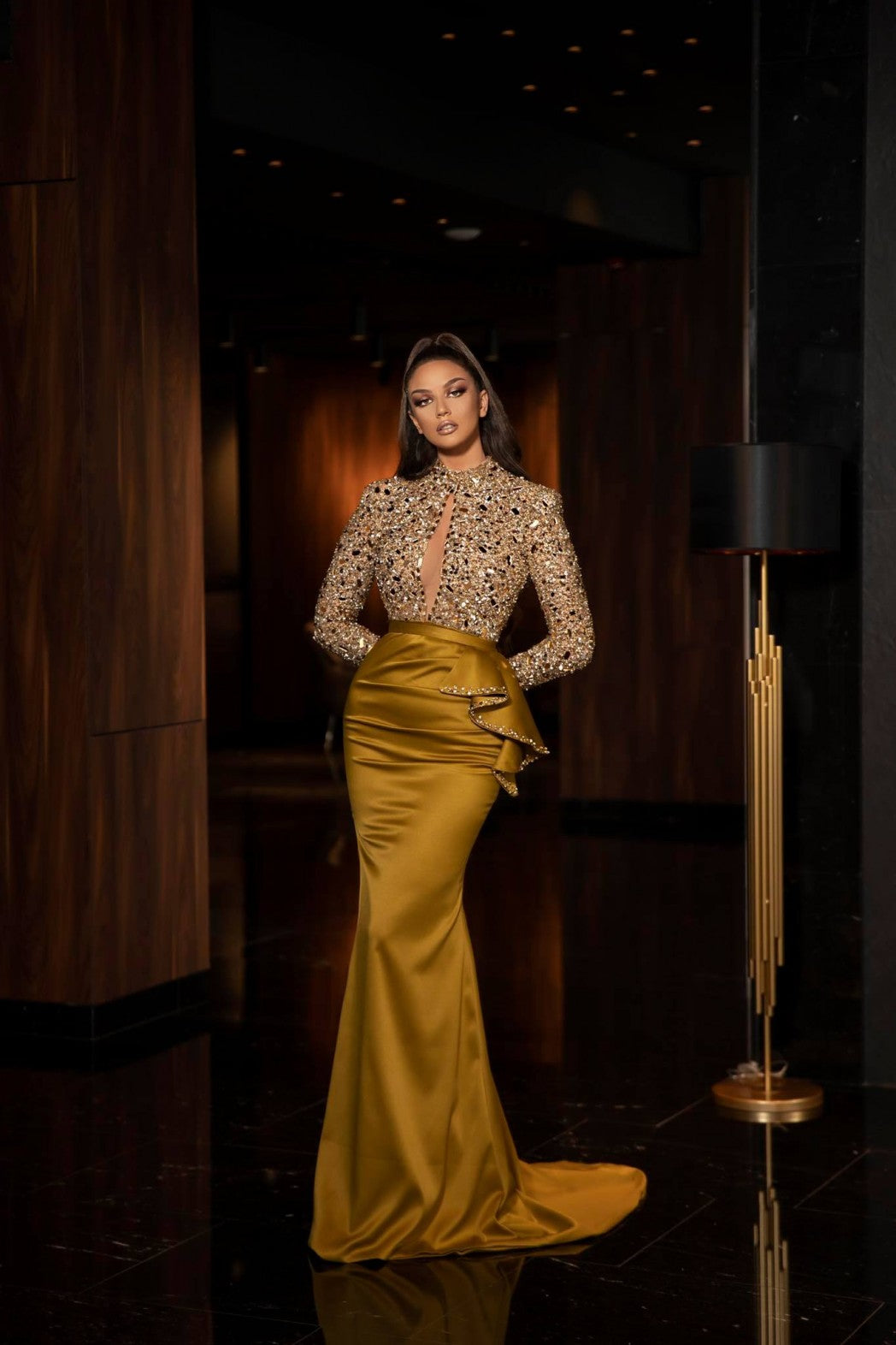 Embroidered Satin Evening Gown