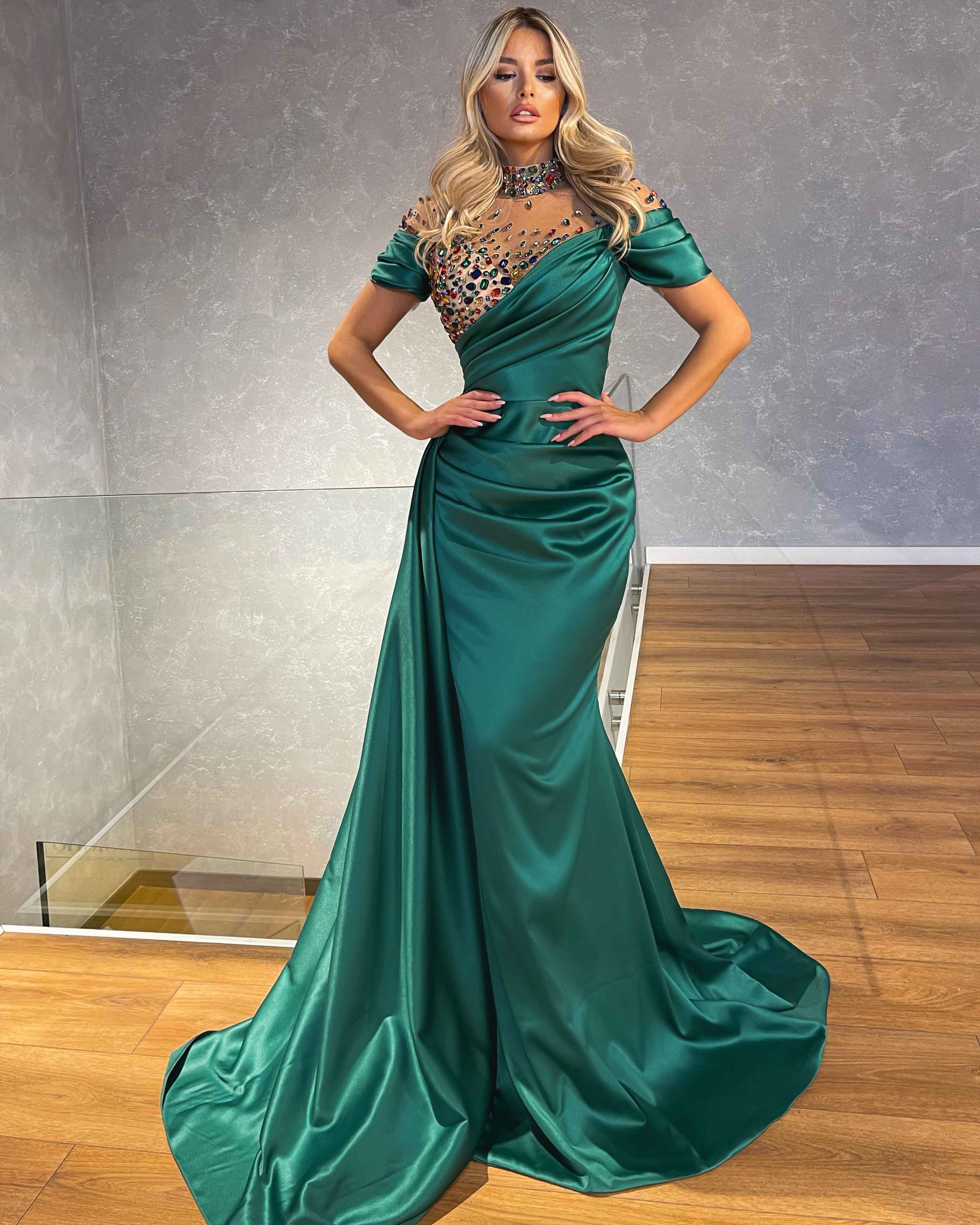 High Neck Short Sleeve Green Satin Dress