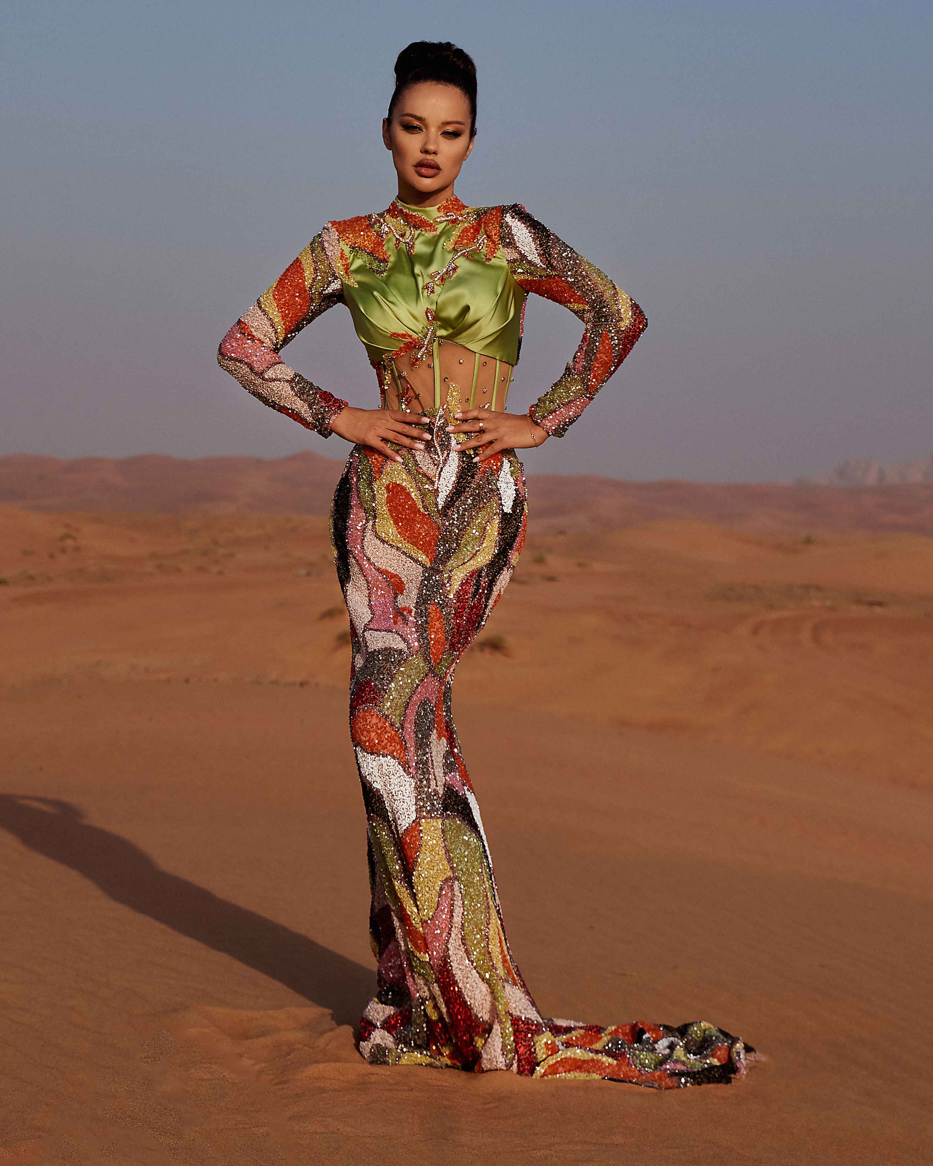 High Neck Colorful Embroidered Gown