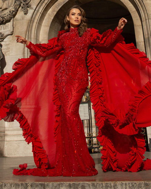 High Neck Embellished Red Dress S