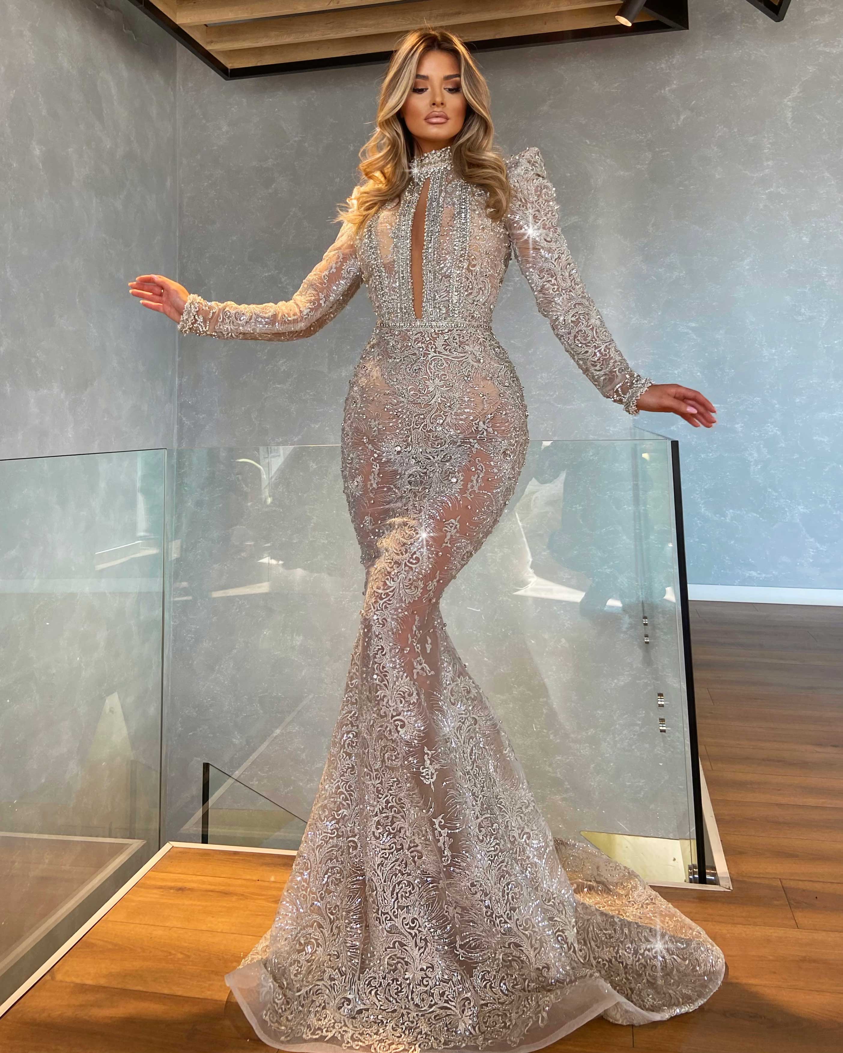 High Neck Mermaid Silver Gown