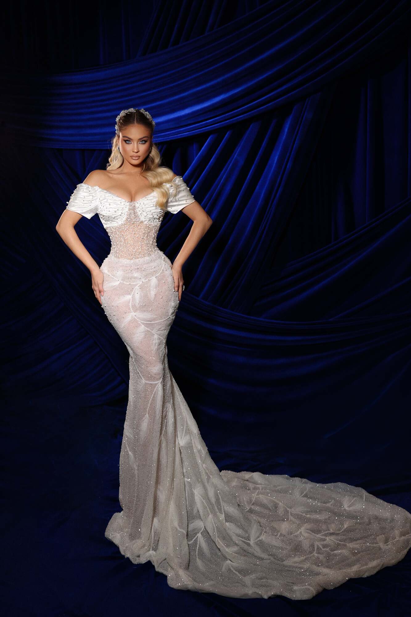 Off Shoulders Satin Beaded Mermaid Dress