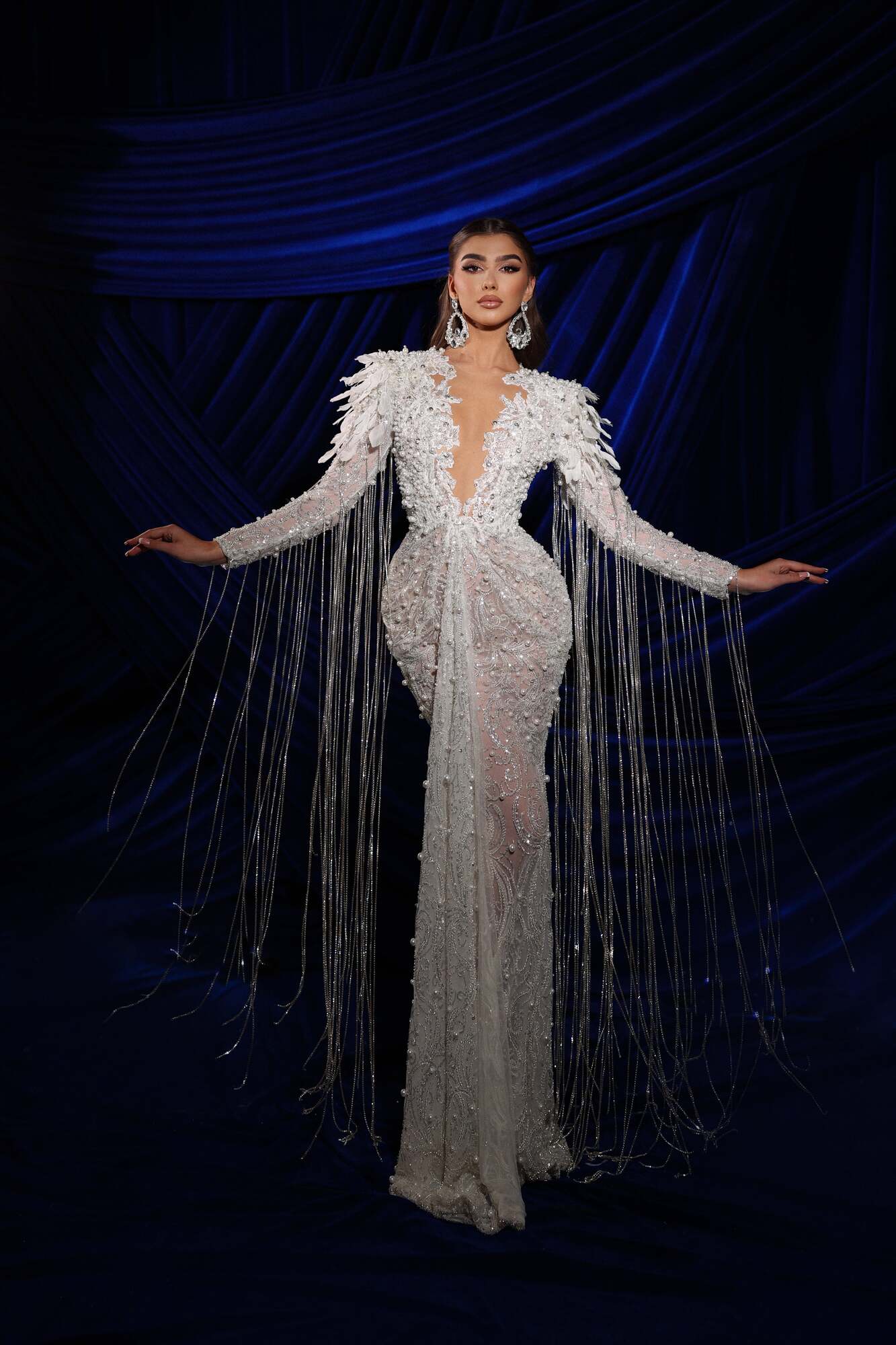 Plunge Neckline Fringe Embellished Dress