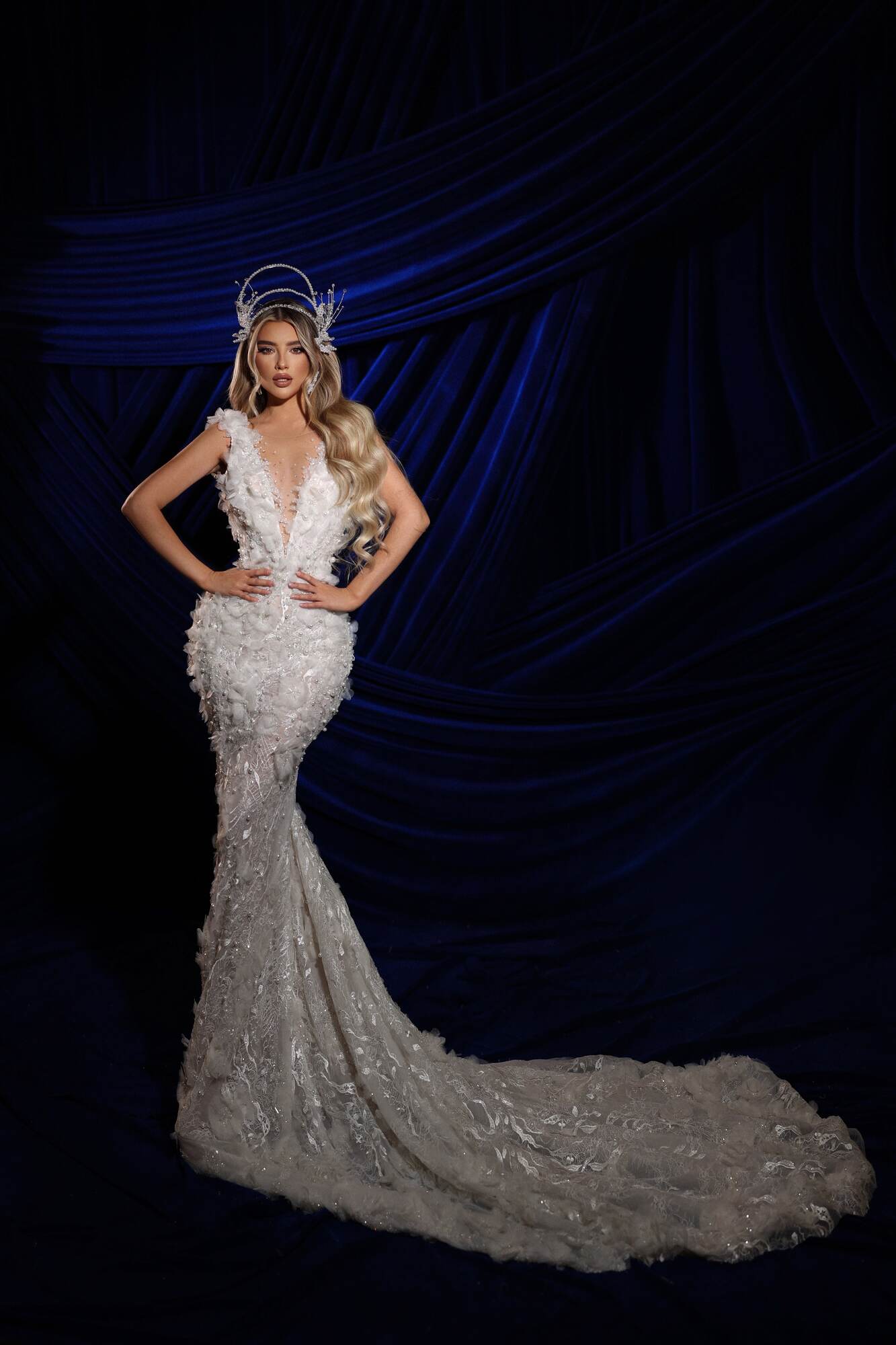 Floral Blossom Mermaid Dress with Plunge Neckline