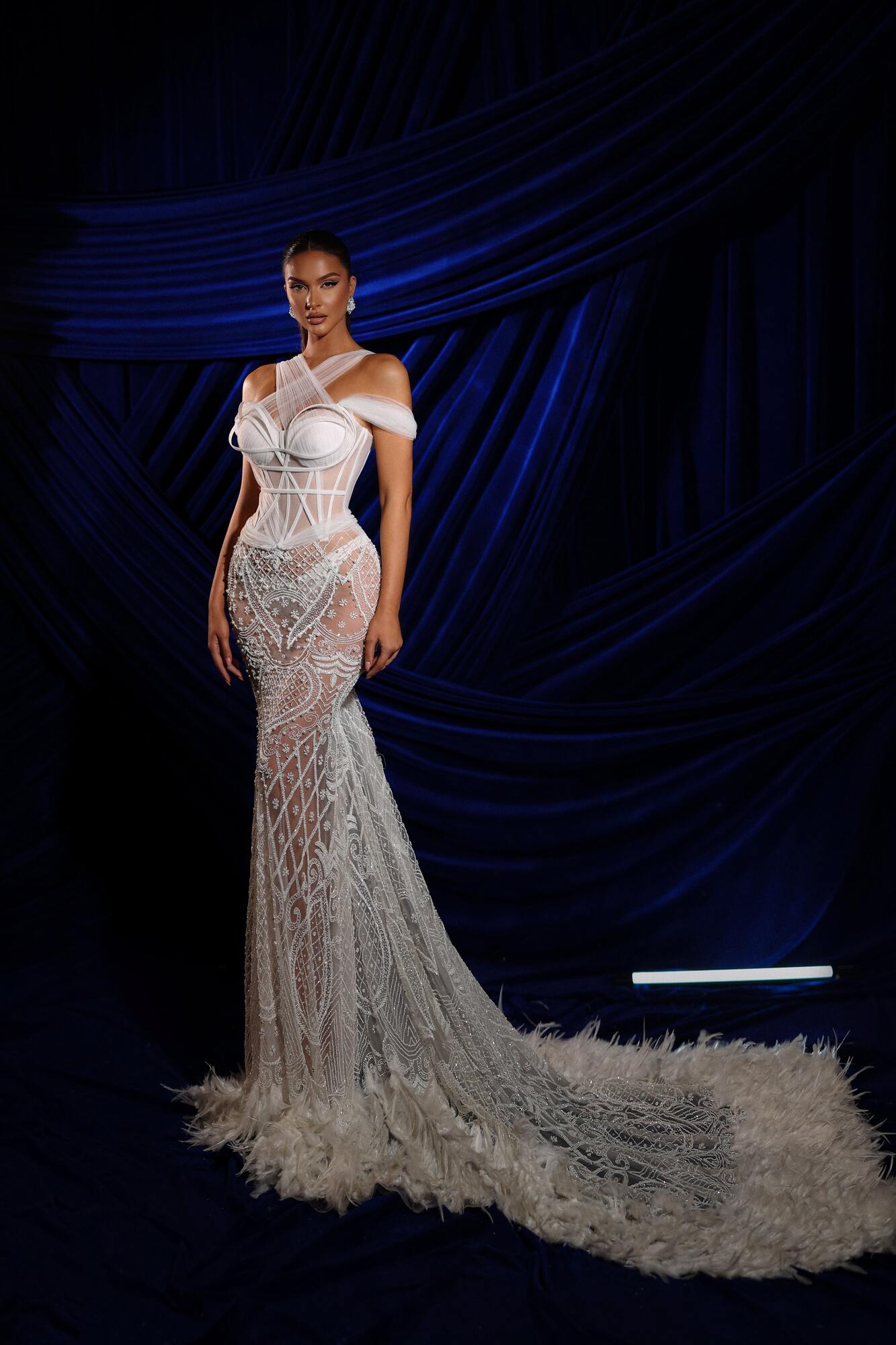 Boned Corset Lace Feathered Dress with Tulle Details