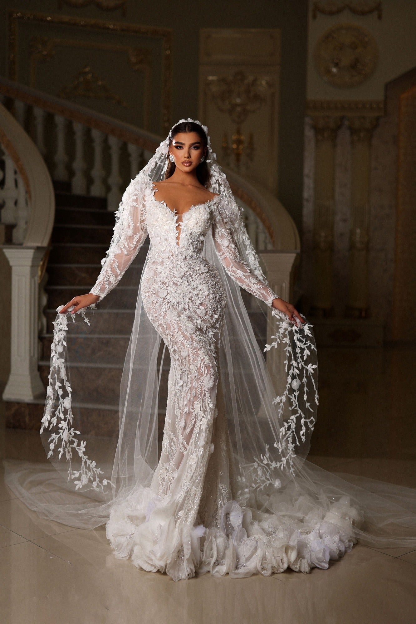 Floral Blossom Bridal Gown with Detachable Overskirt & Veil