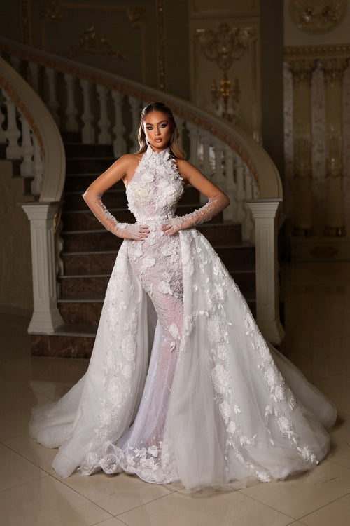 Halter Bridal Gown with Detachable Overskirt & Veil S