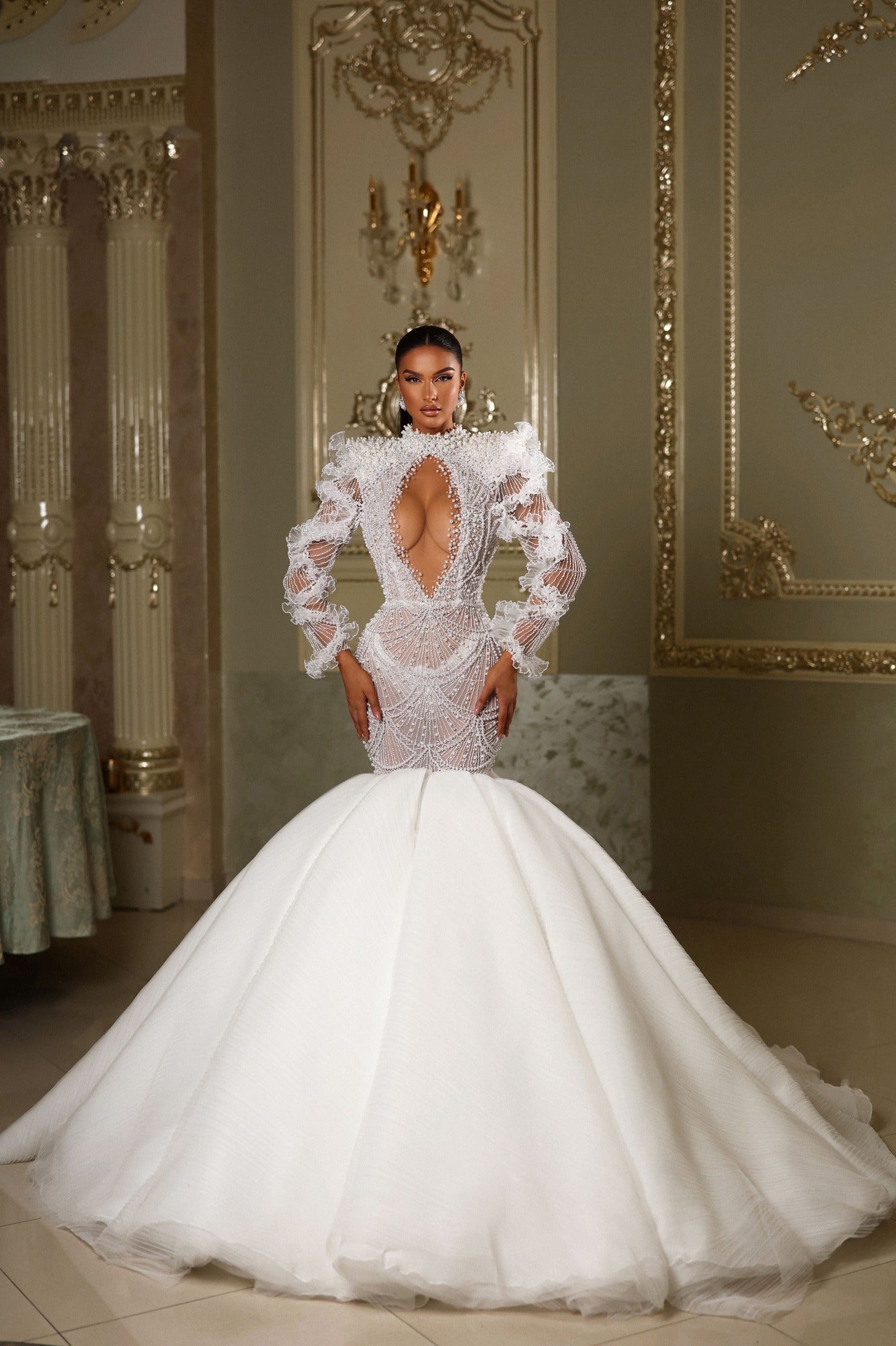Pearl Embroidered Mermaid Gown with Open Chest & Back XS