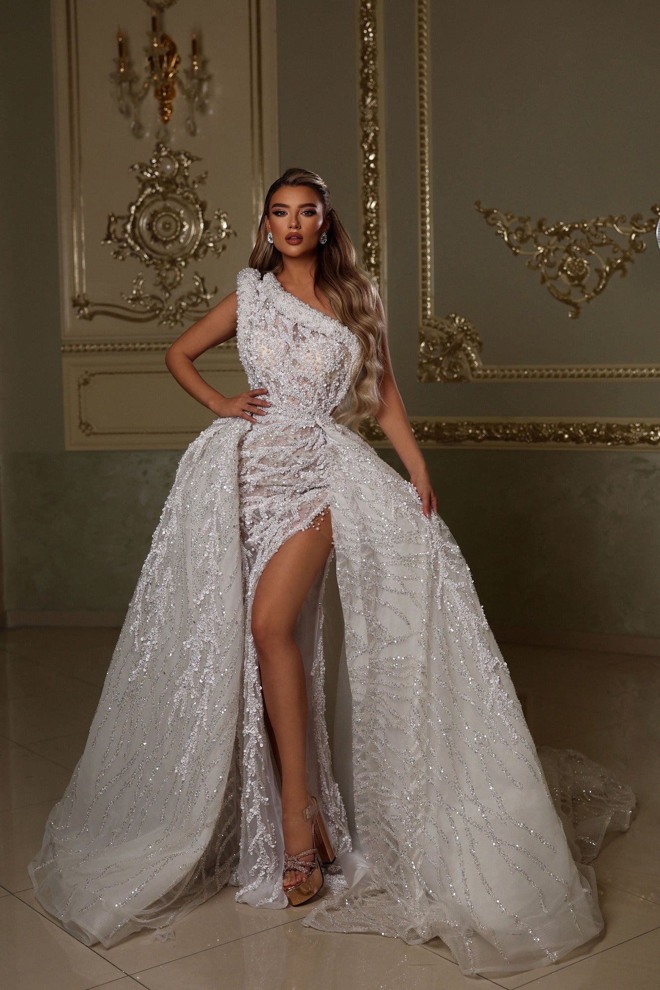One Shoulder Pearl Embellished Gown with Detachable Overskirt