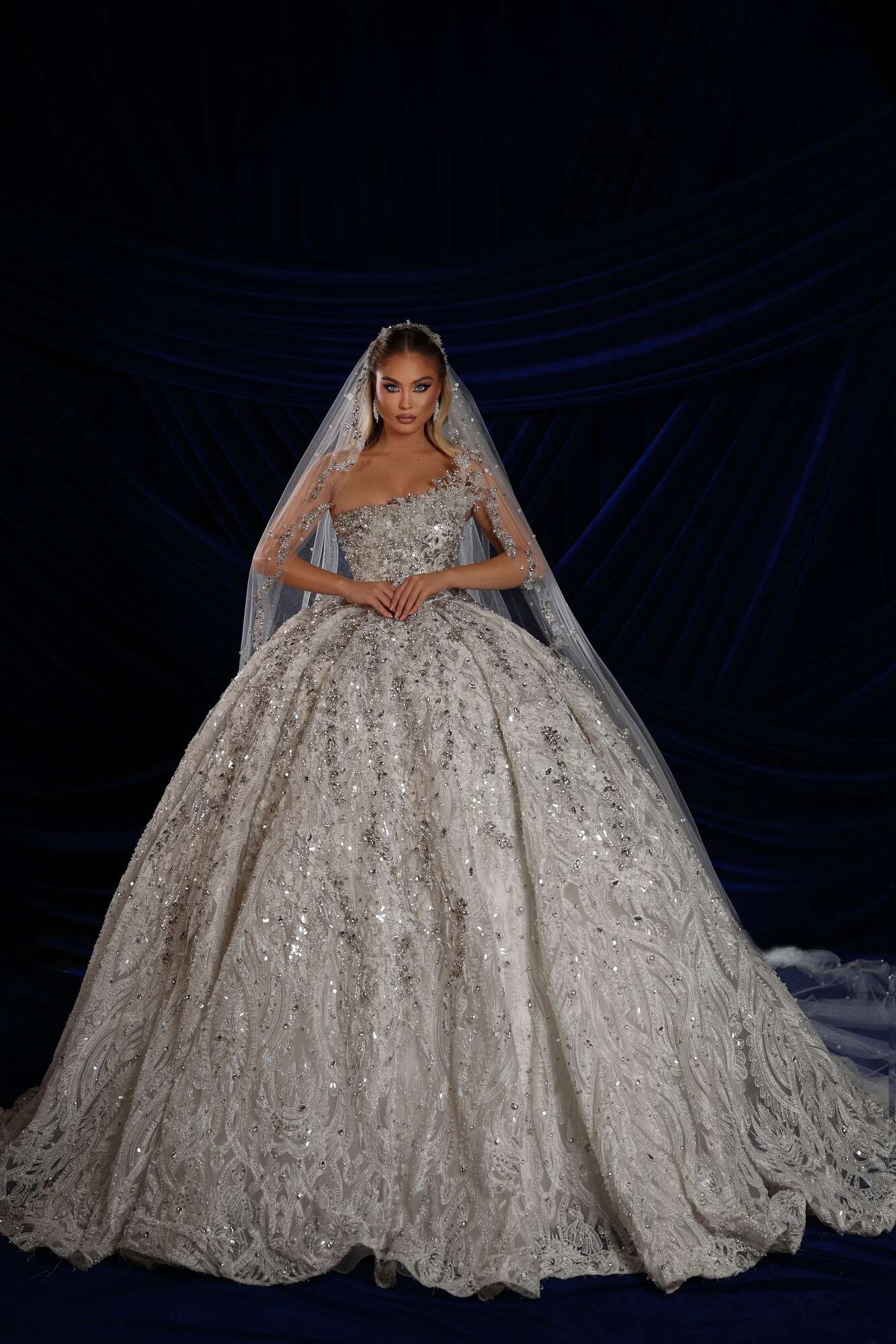 Embellished Bridal Ball Gown with Asymmetrical Neckline & Veil