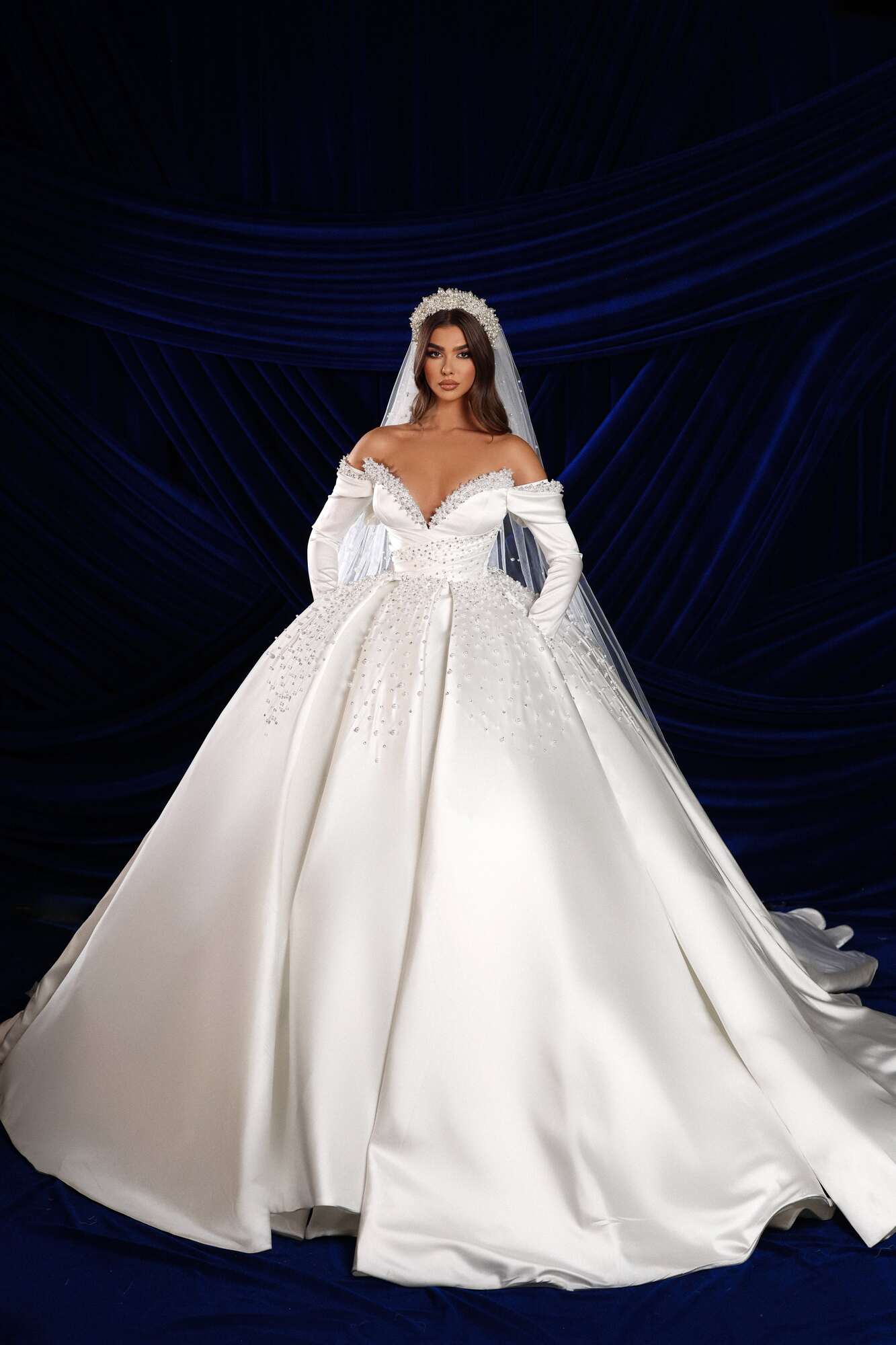 Pearl Embroidered Ball Gown with Off Shoulder Sleeves