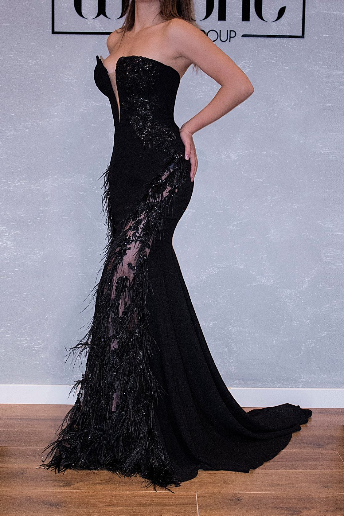 Black Strapless Feathered Dress