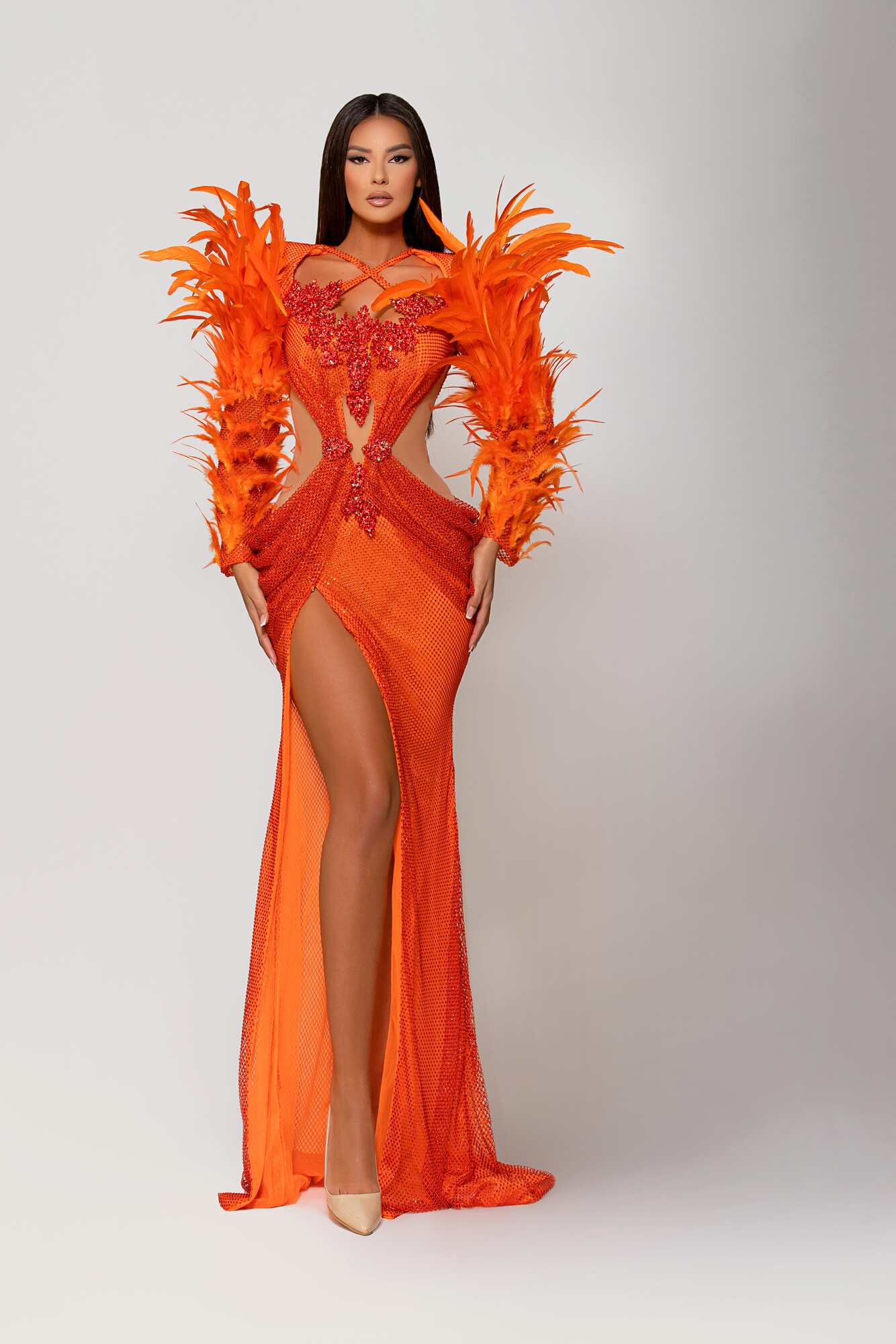 Orange Cut-Out Mesh Dress with Feathered Sleeves