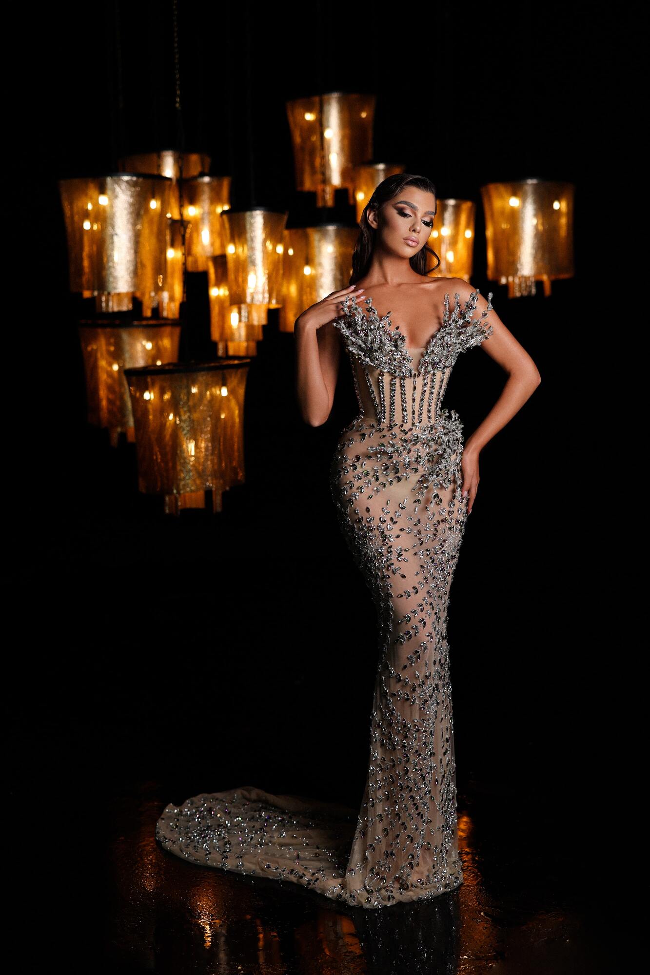 Silver Rhinestone Long Dress with Boning Corset XL Silver Rhinestone Long Dress with Boning Corset XL