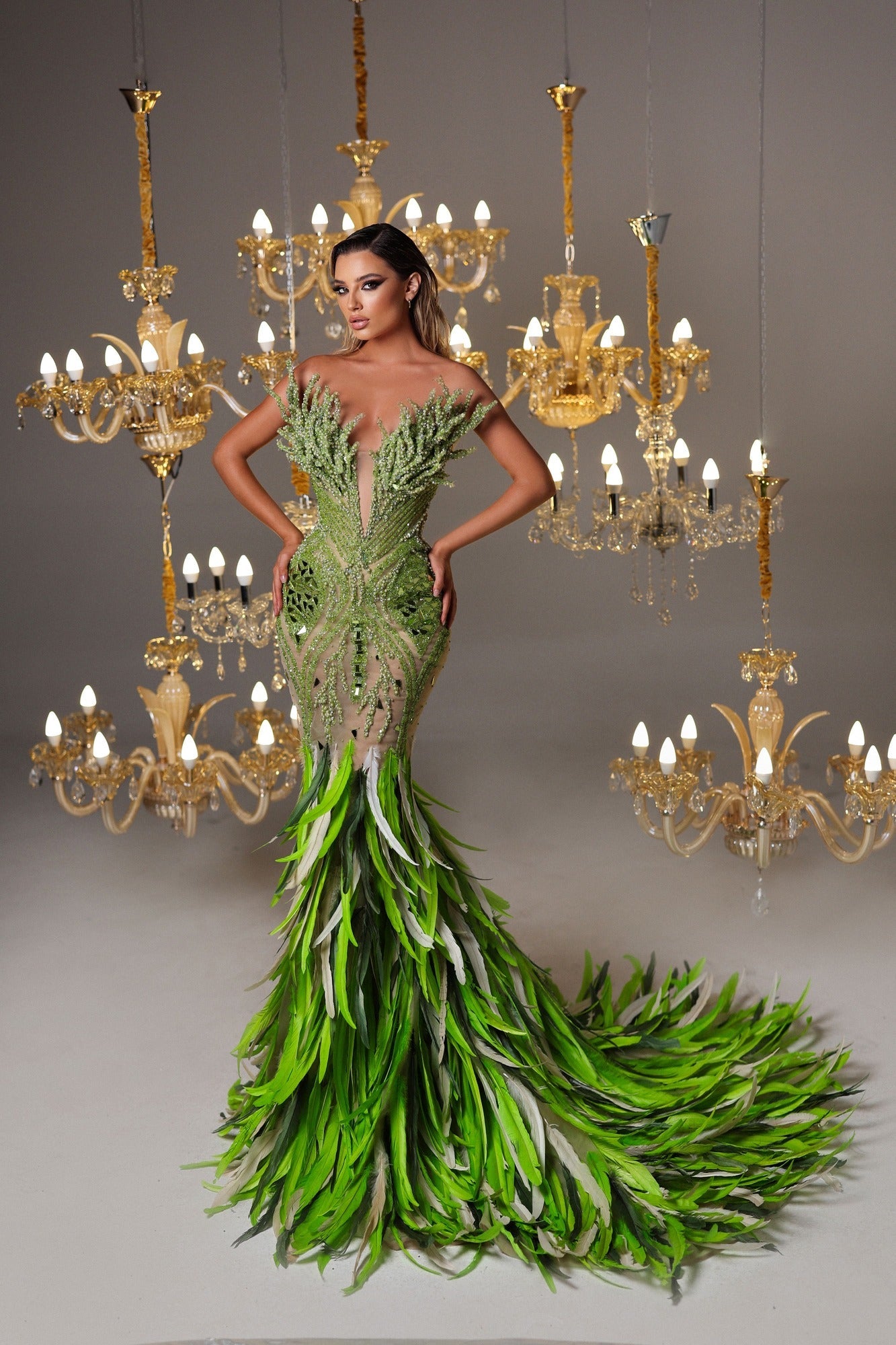 Strapless Green Embellished Feathered Dress