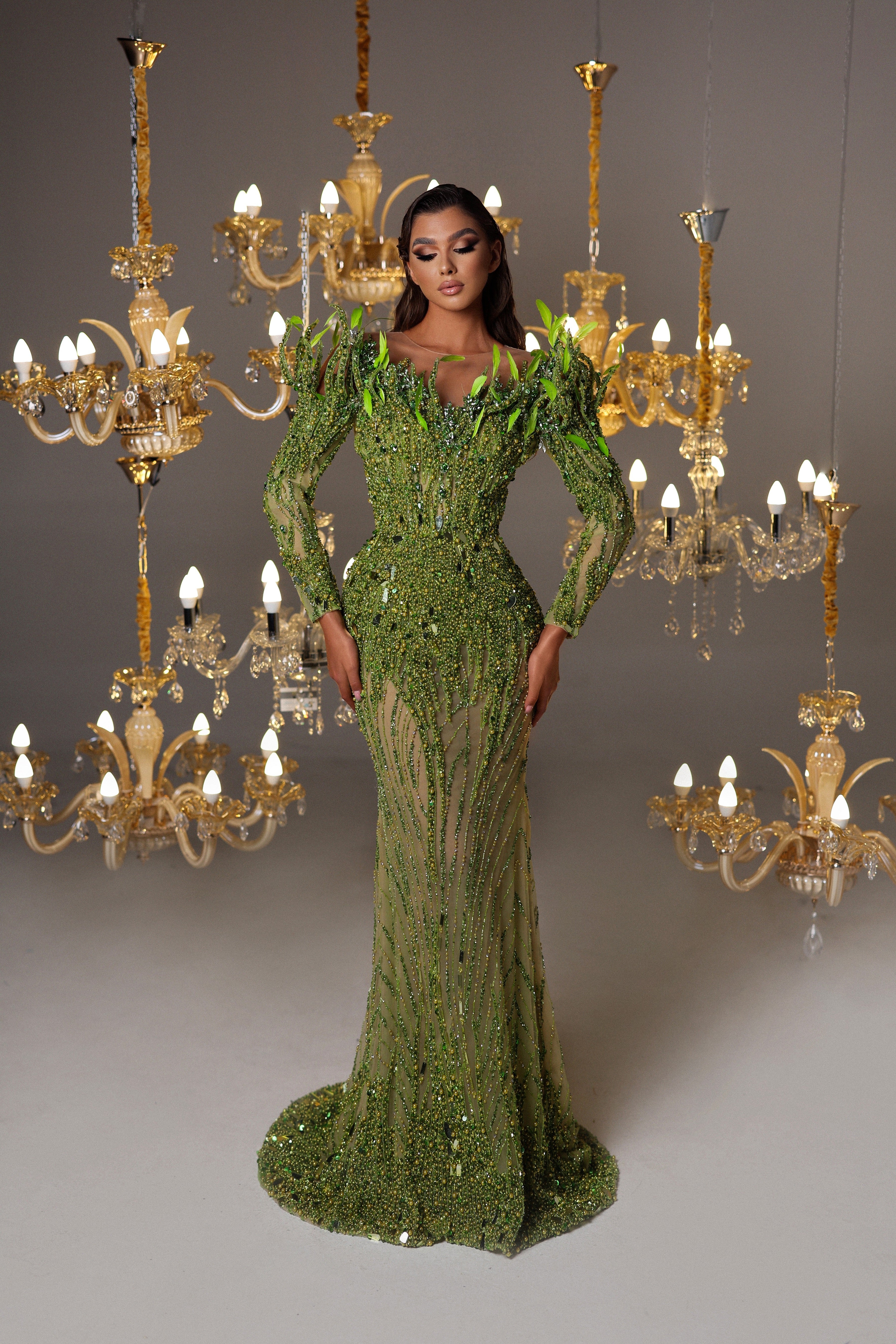 Long Green Embellished Dress with Feathers