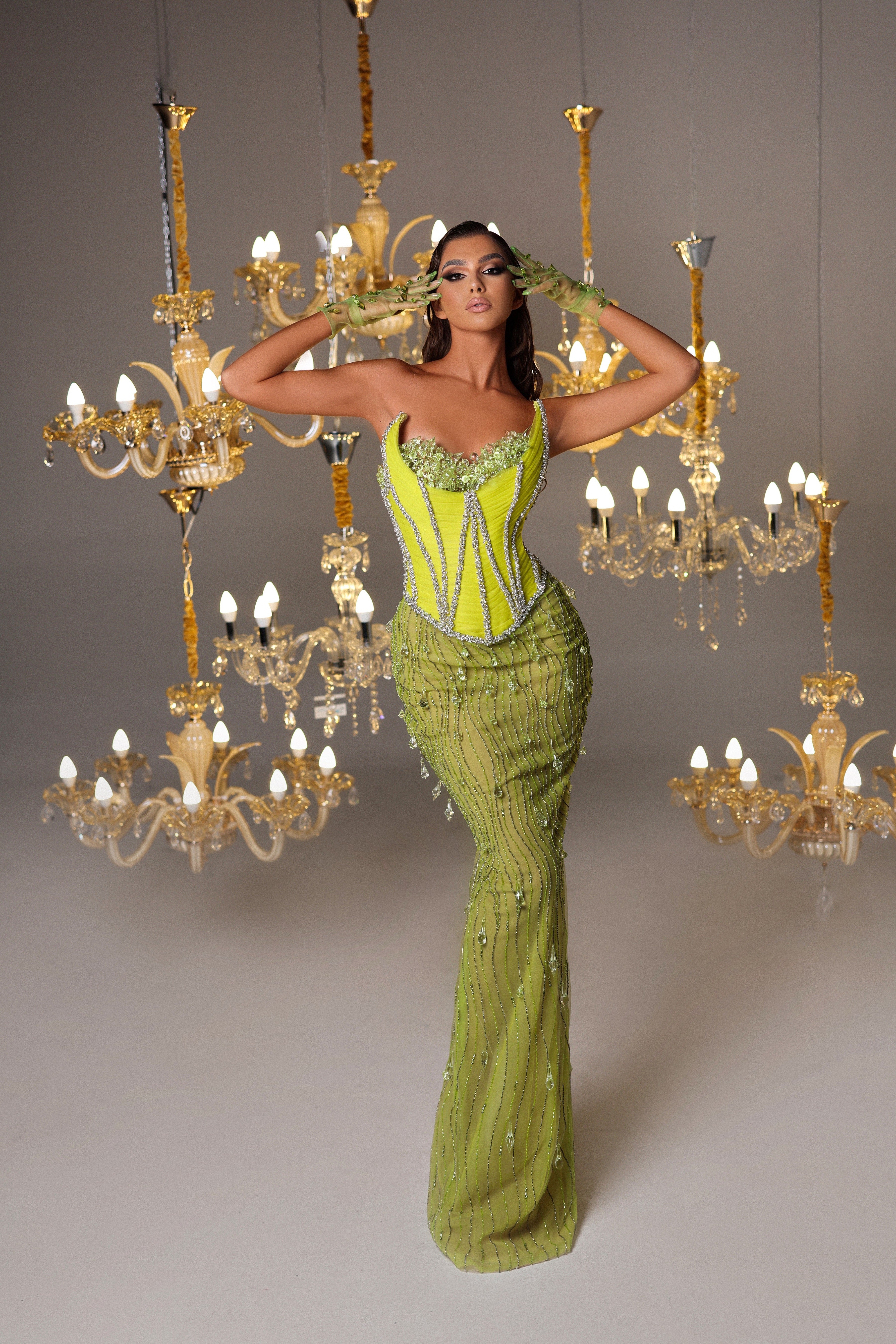 Crystal Lime Dress with Scoop Neckline Corset