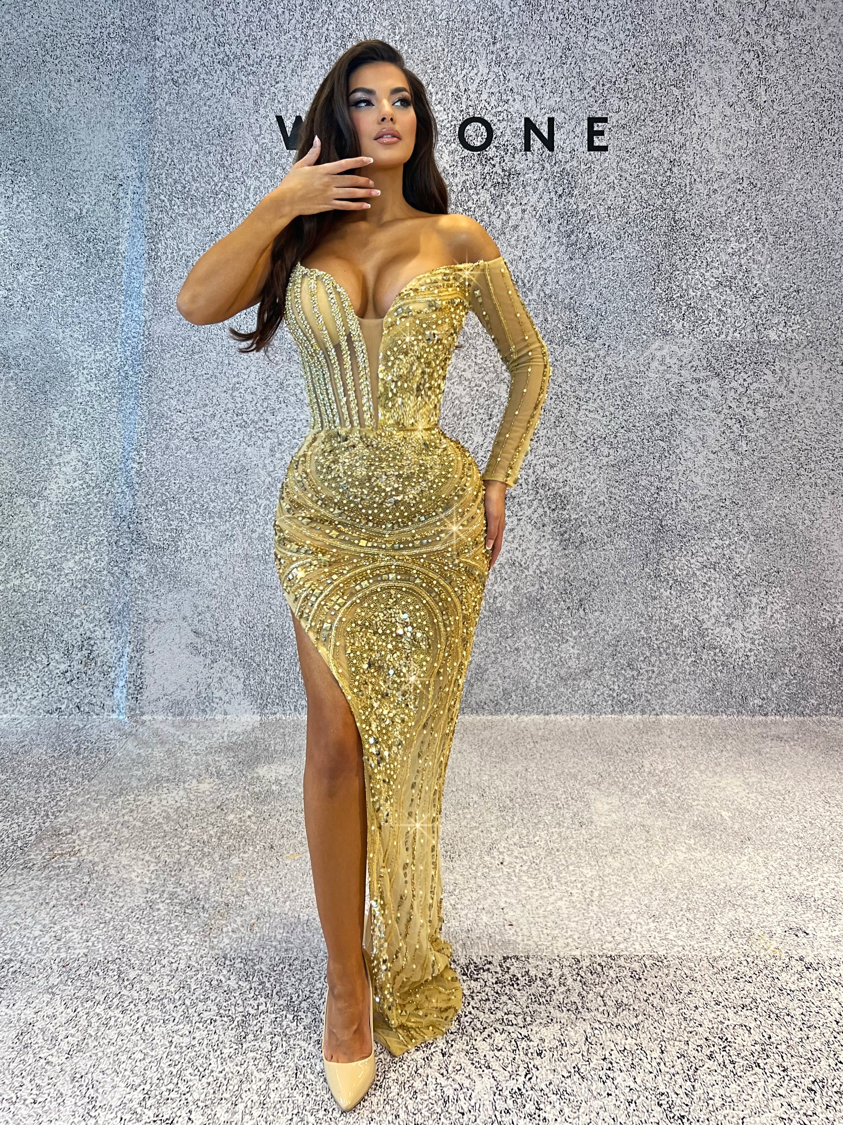 One Shoulder Gold Embellished Dress with Side Slit