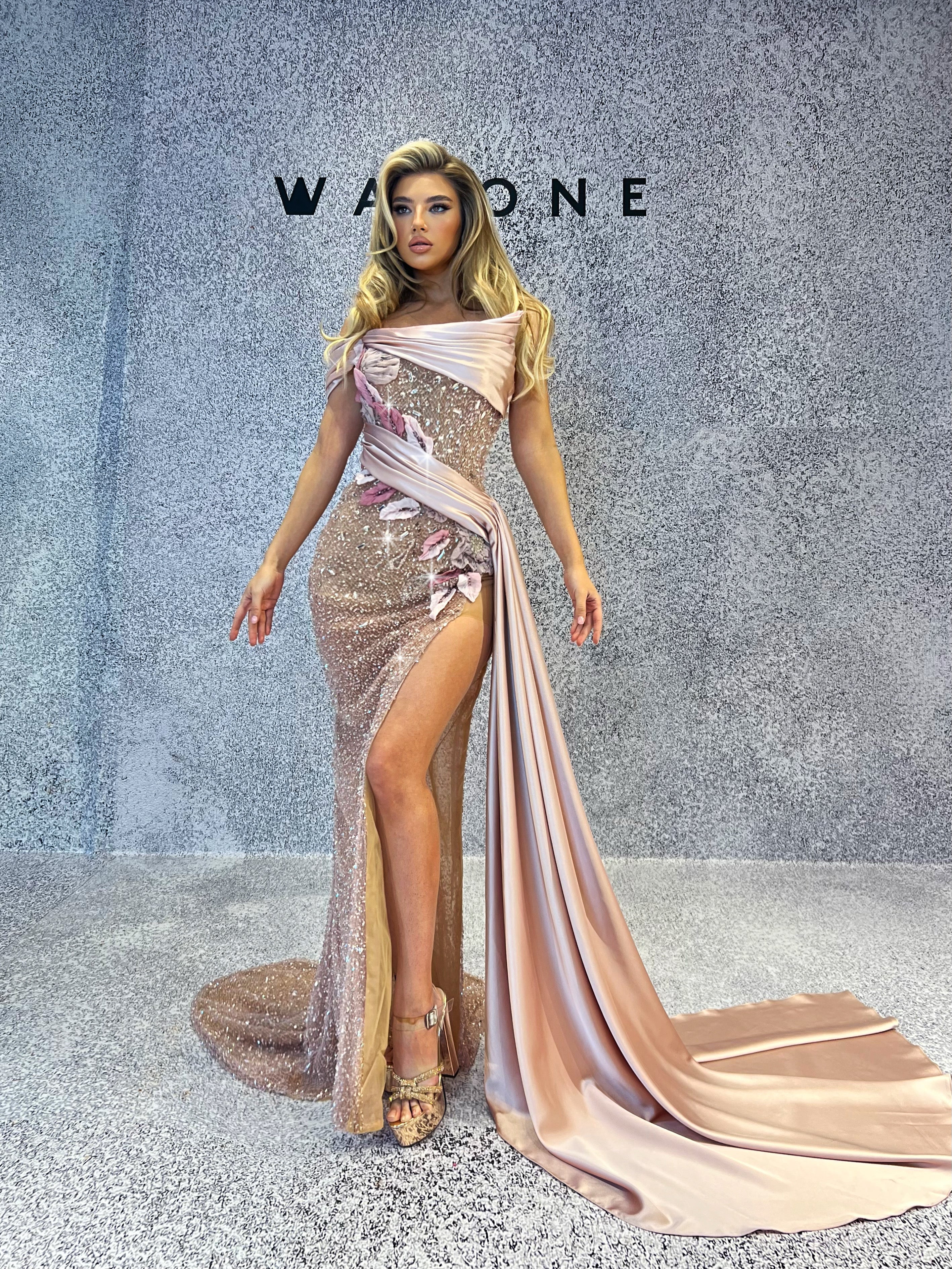 Blush Pink Beaded Dress with Satin Tail