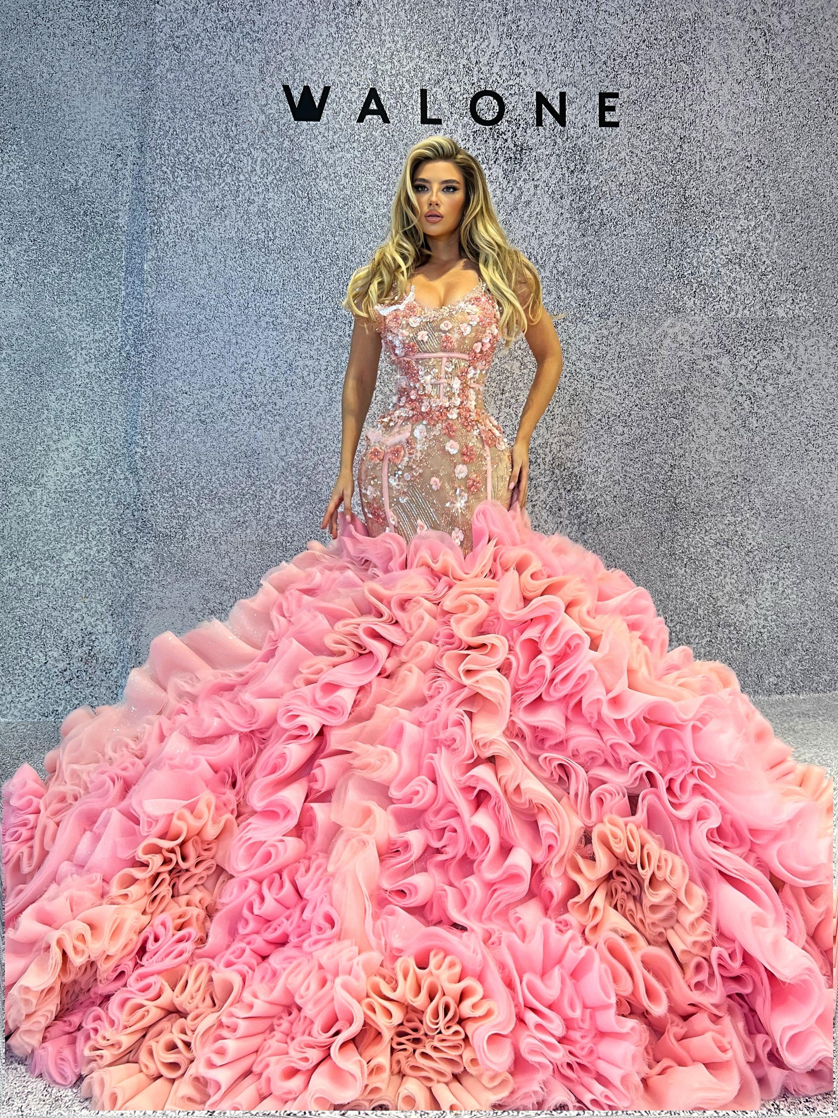 Baby Pink Floral Gown with Layered Tulle Train