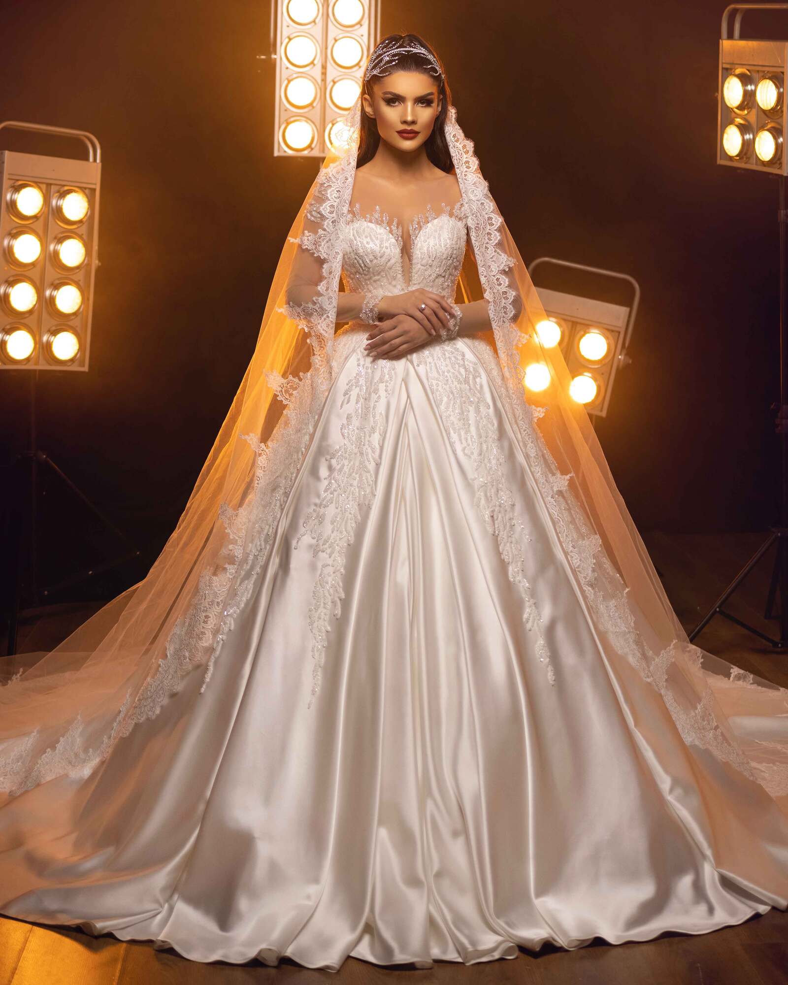 Long Off Shoulder Ball Gown Detachable Veil