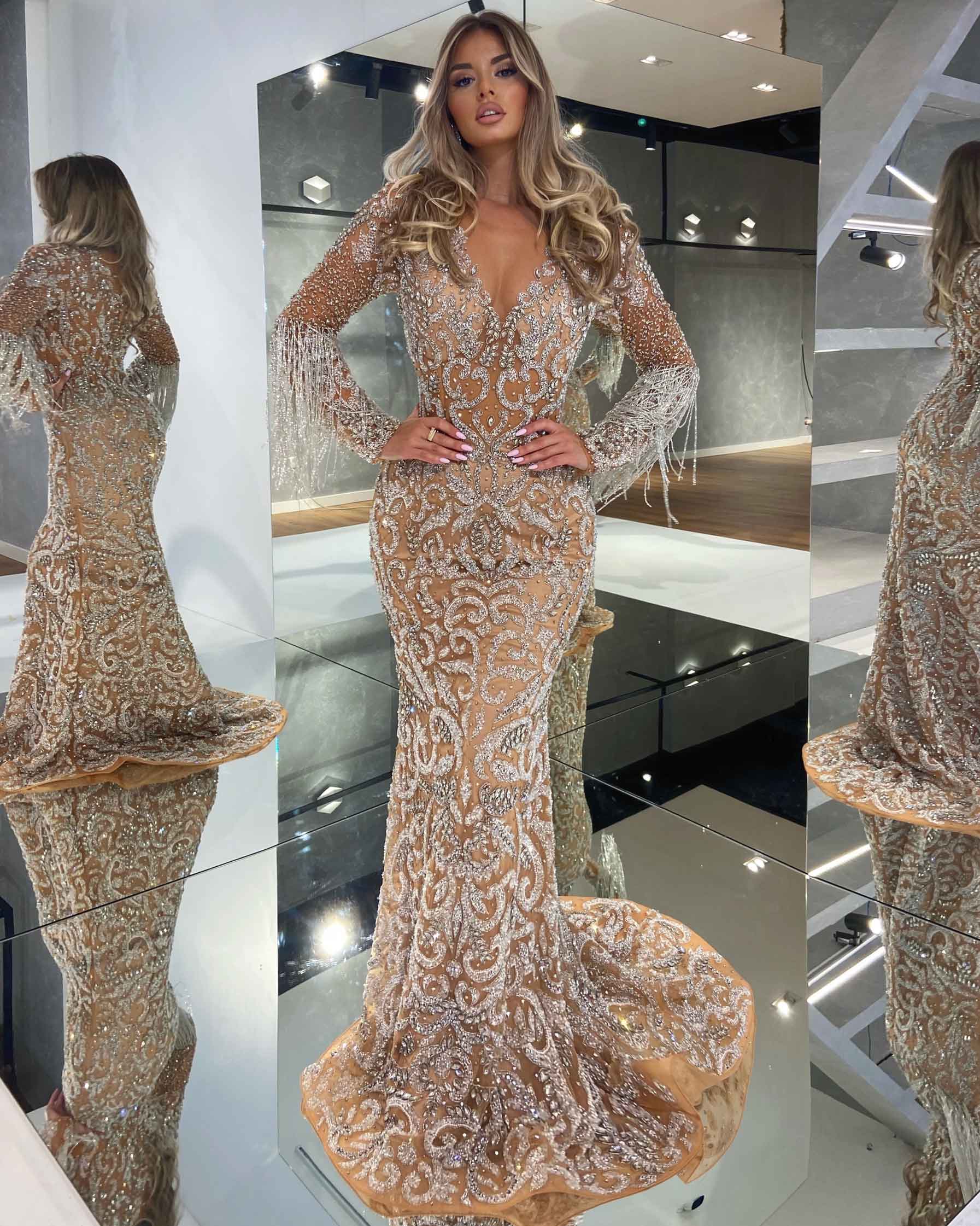 Long Silver Fringe Evening Dress