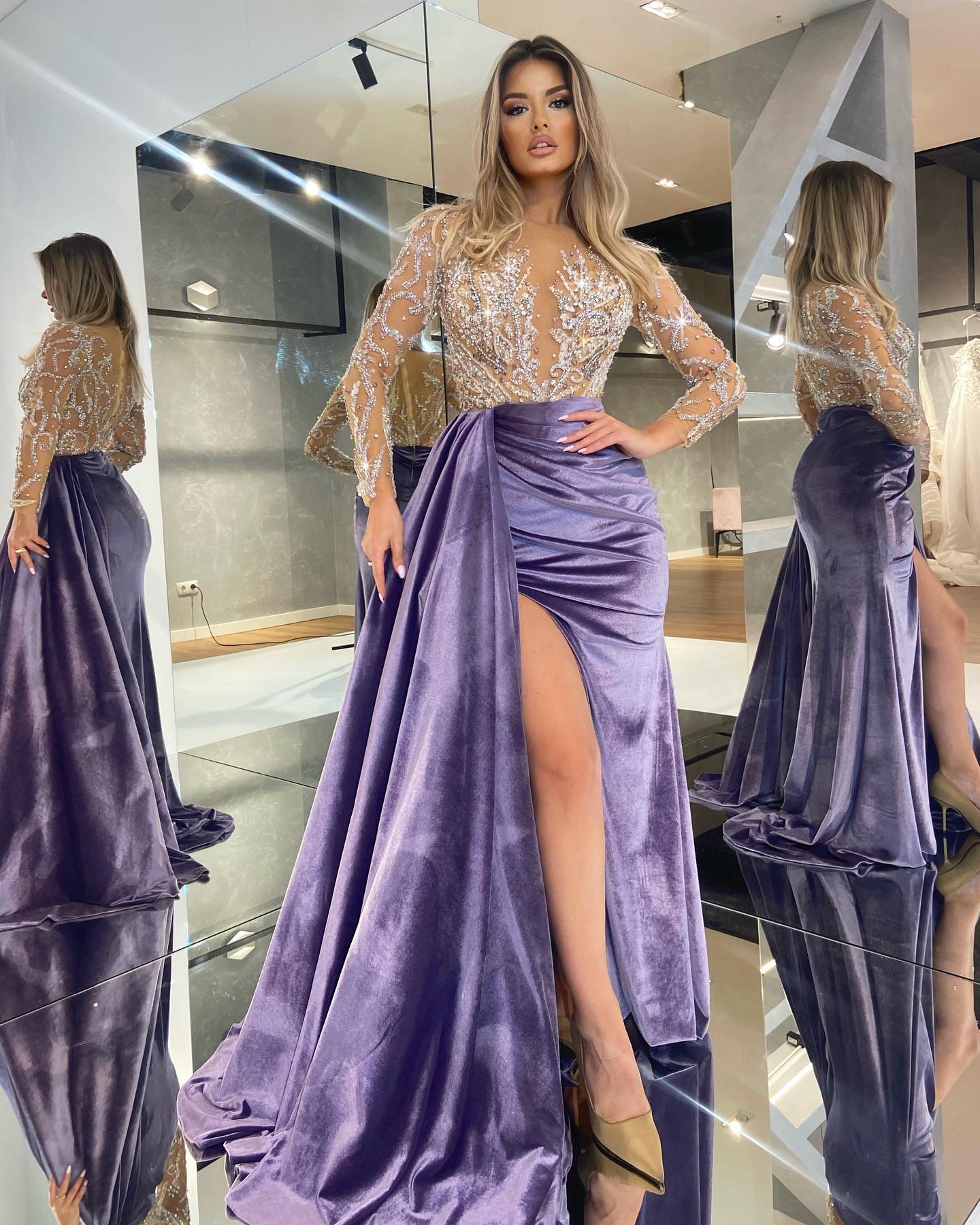 Long Sleeve Asymmetrical Purple Velvet Dress