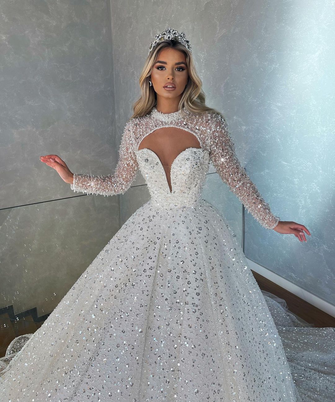 Long Sleeve High Neck Ball Gown Dress