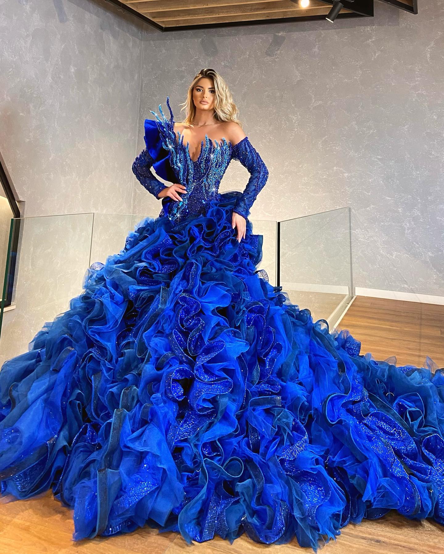 Long Sleeve Fluffy Navy Blue Dress