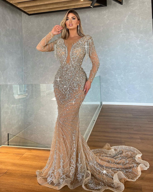 long embellished evening dress Long Sleeve Silver Embellished Evening Gown L