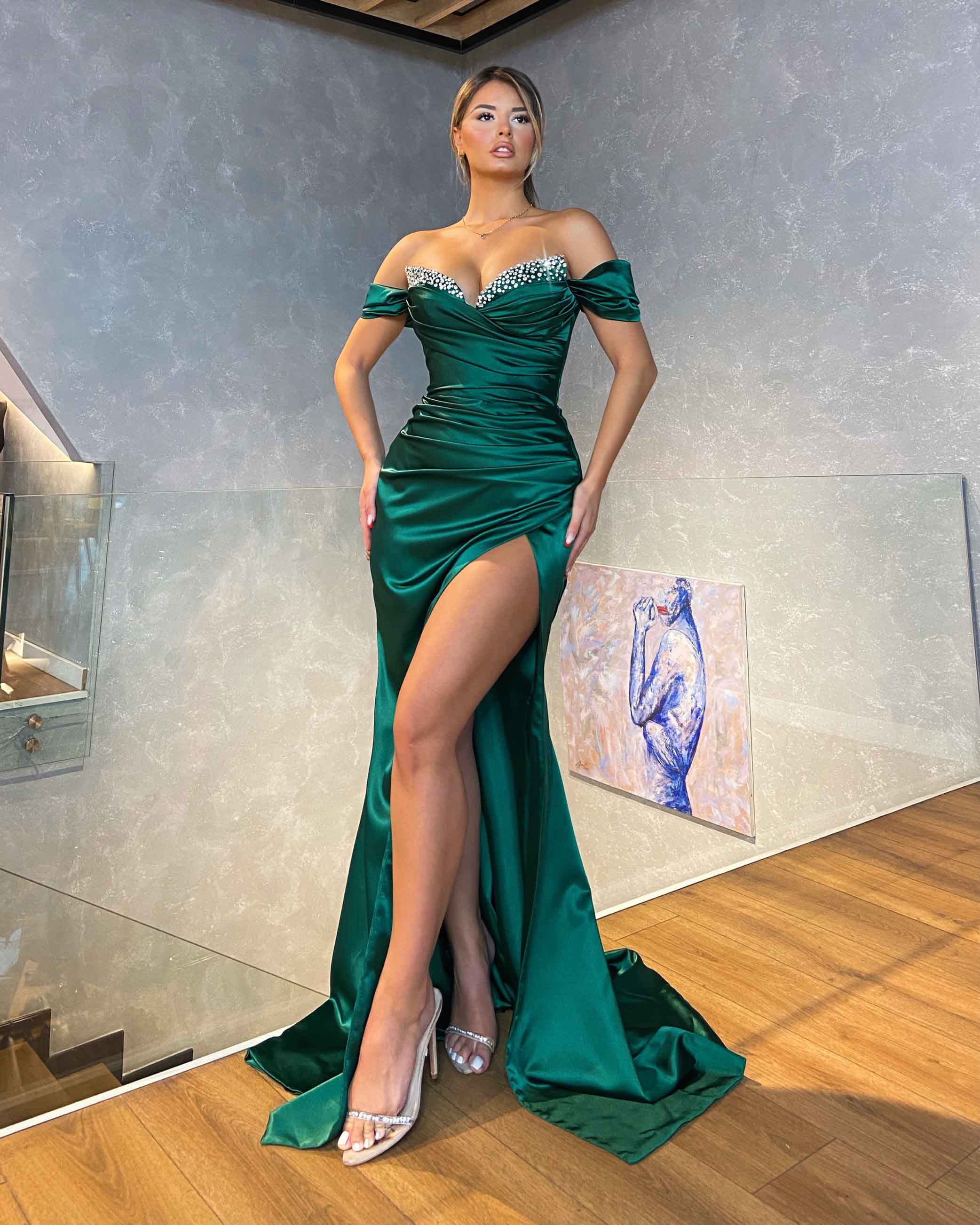 Off Shoulder Side Cut Green Dress