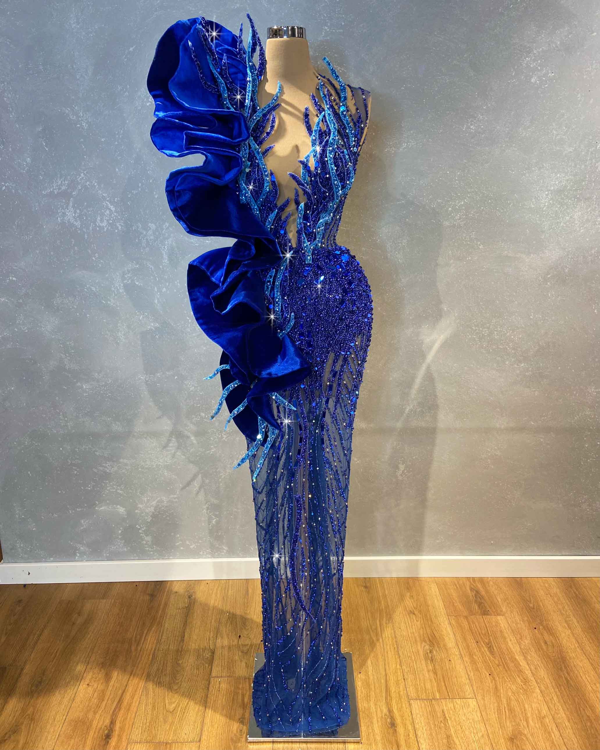 One Shoulder Navy Blue Evening Dress