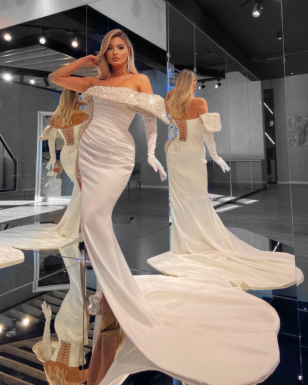 One Shoulder White Evening Gown