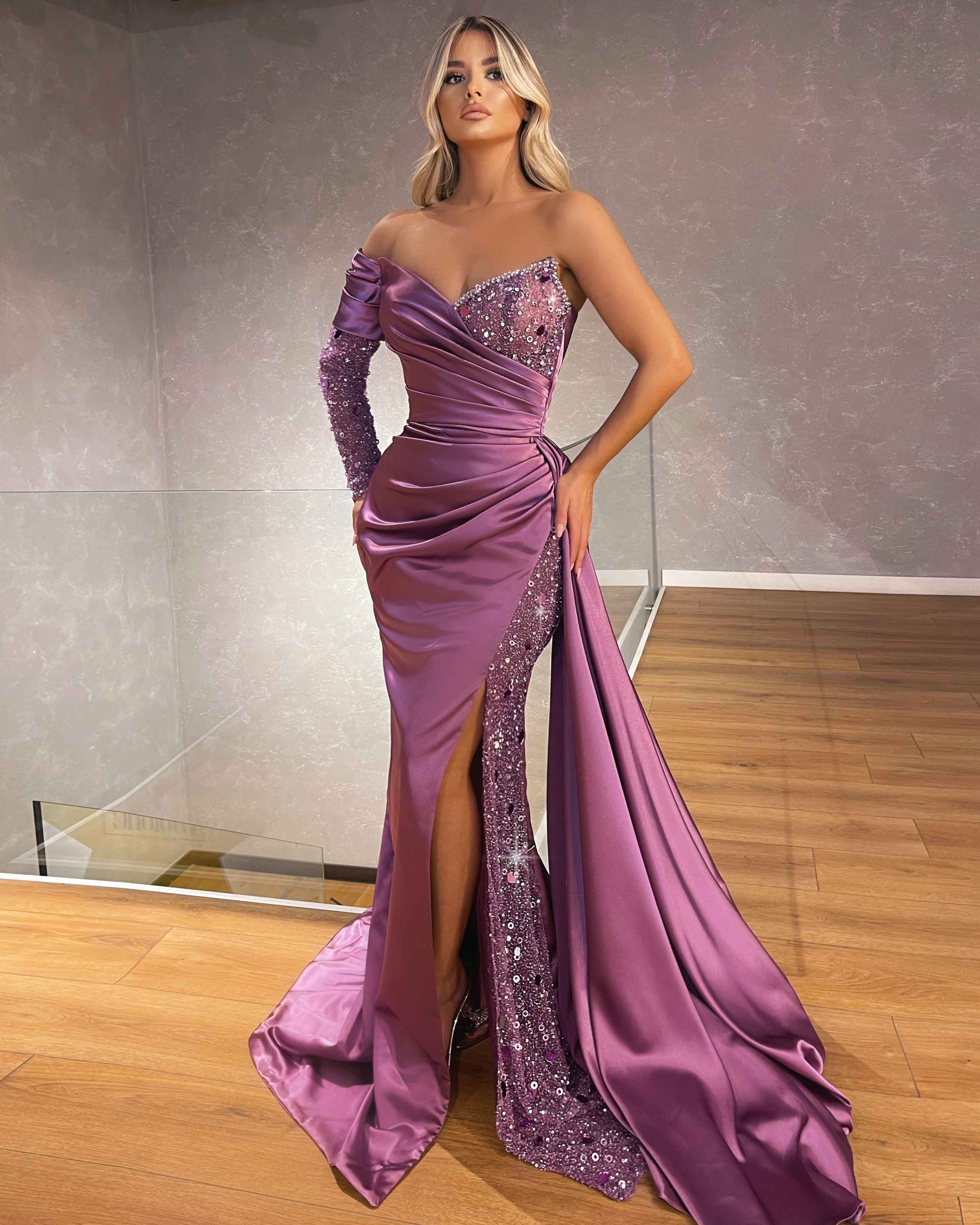 One Shoulder Embroidered Purple Evening Dress