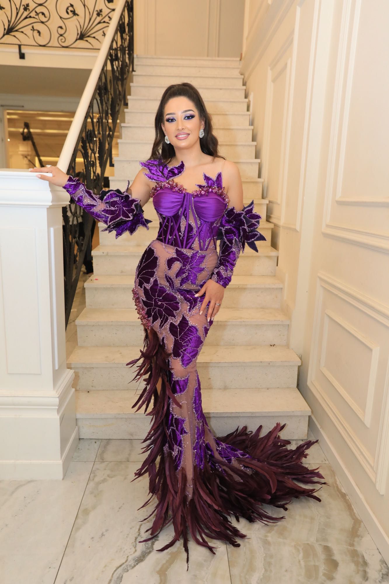 Purple Feathered Dress with Side Slit S