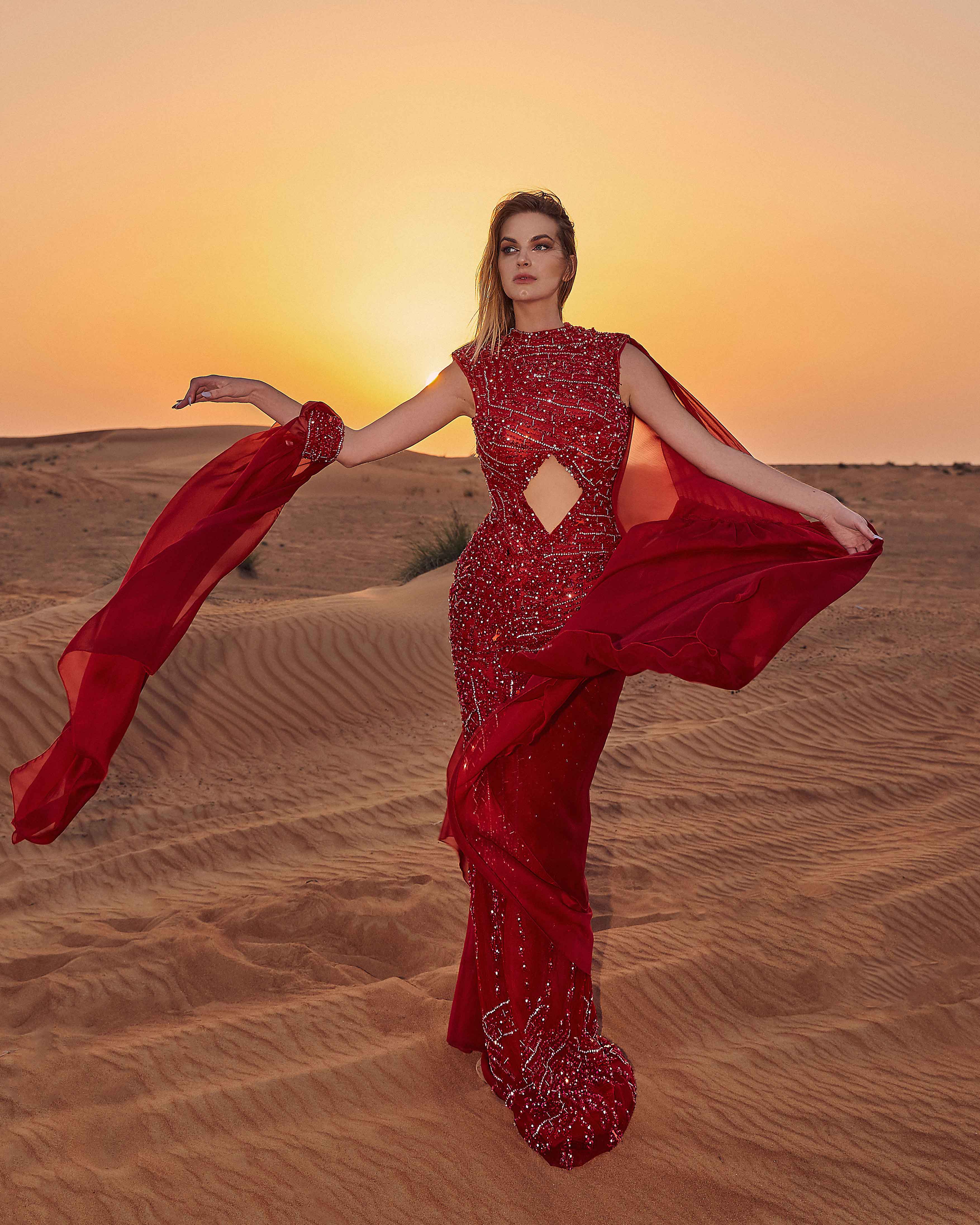 Red Sleeveless Embroidered Evening Gown