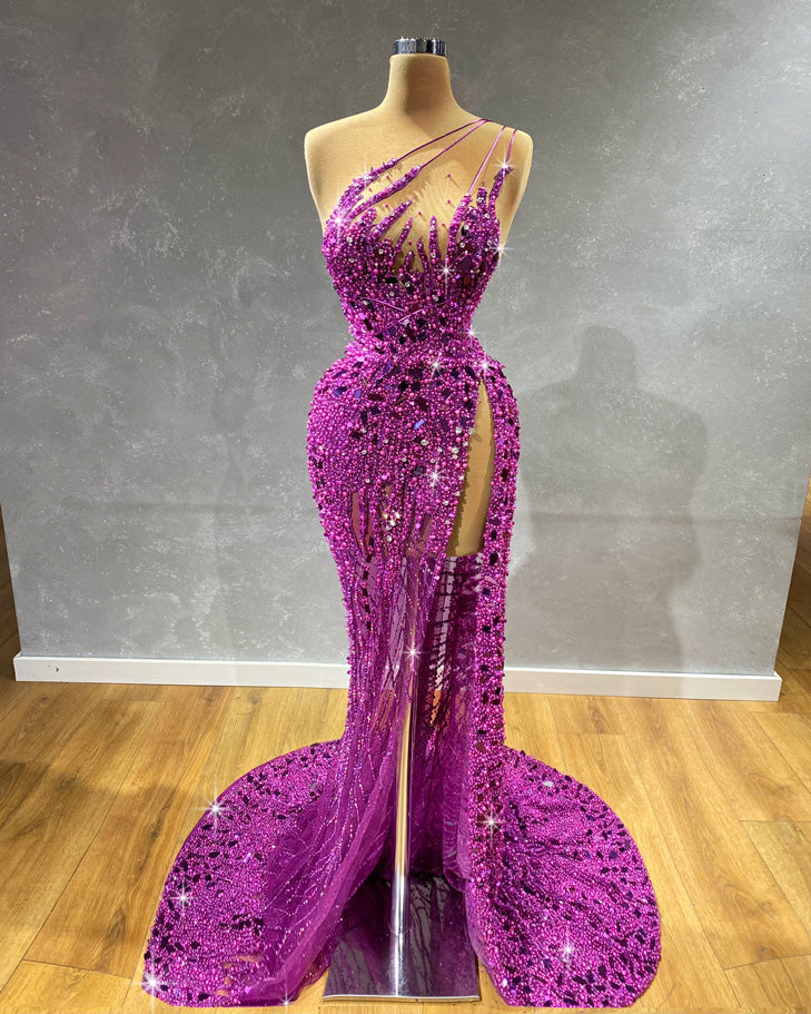 Strapless Embellished Purple Gown with Side Slit