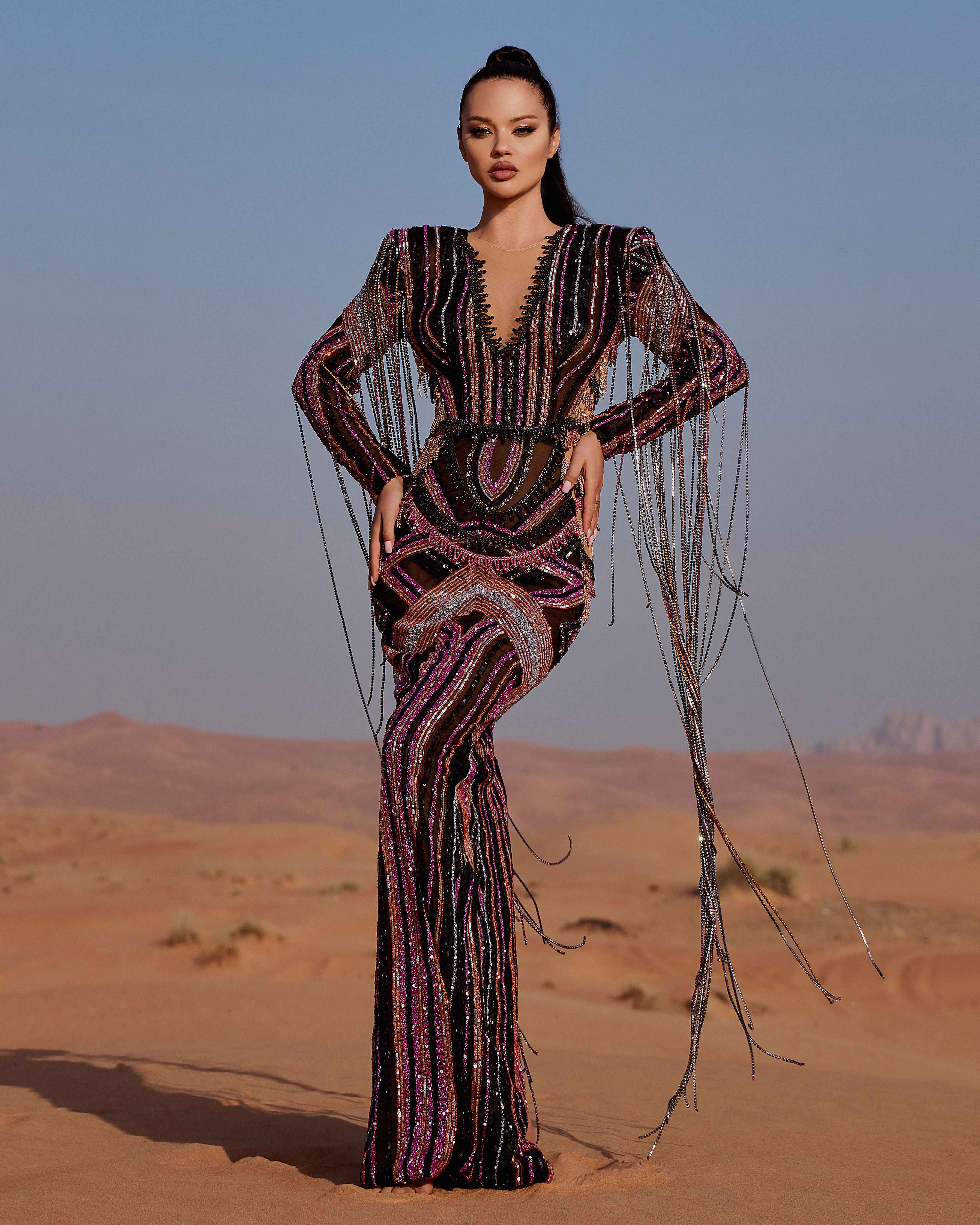 V-Neckline Fringe Evening Gown