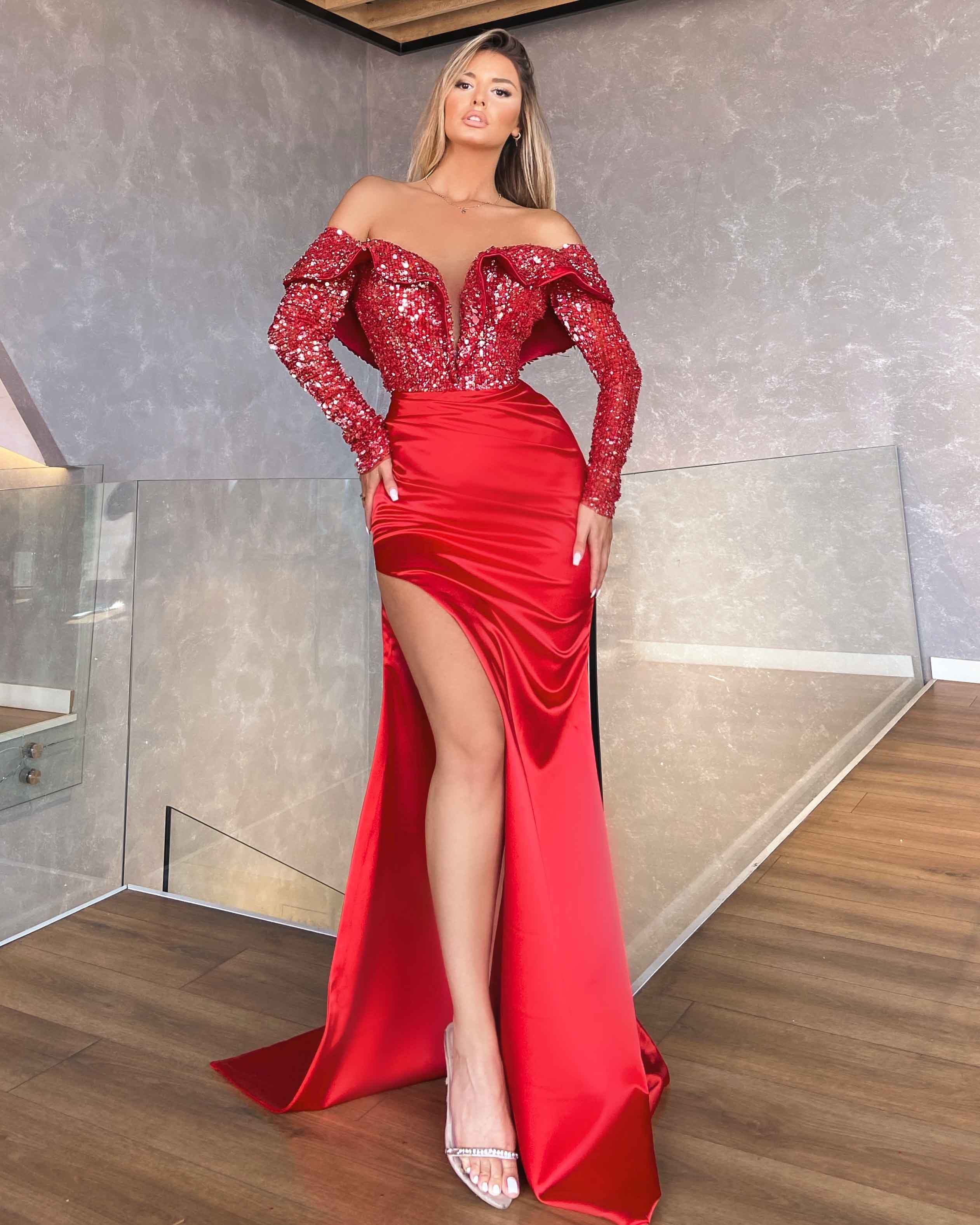 Long Off Shoulder Sleeve Red Dress – Walone LLC