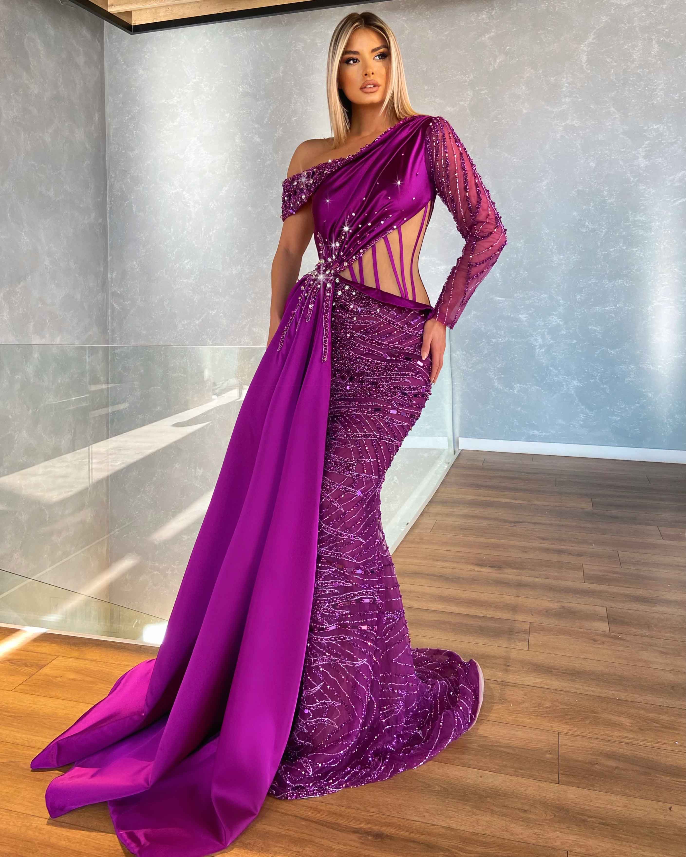 One Sleeve Long Train Purple Dress