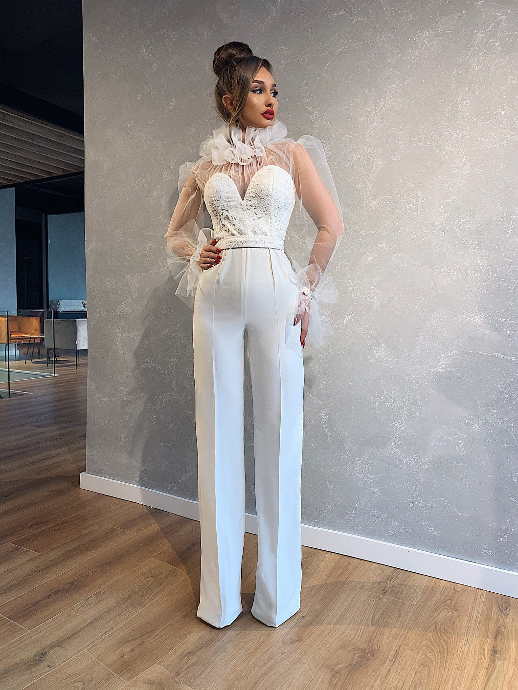 White Jumpsuit with Tulle Sleeves