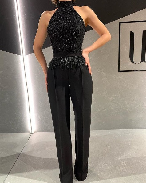 Black Halter Embellished Jumpsuit