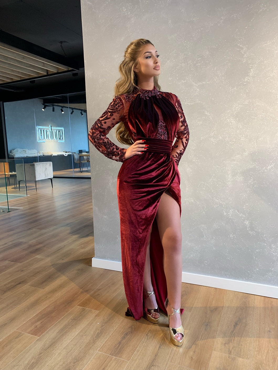 Red Velvet Embellished Dress