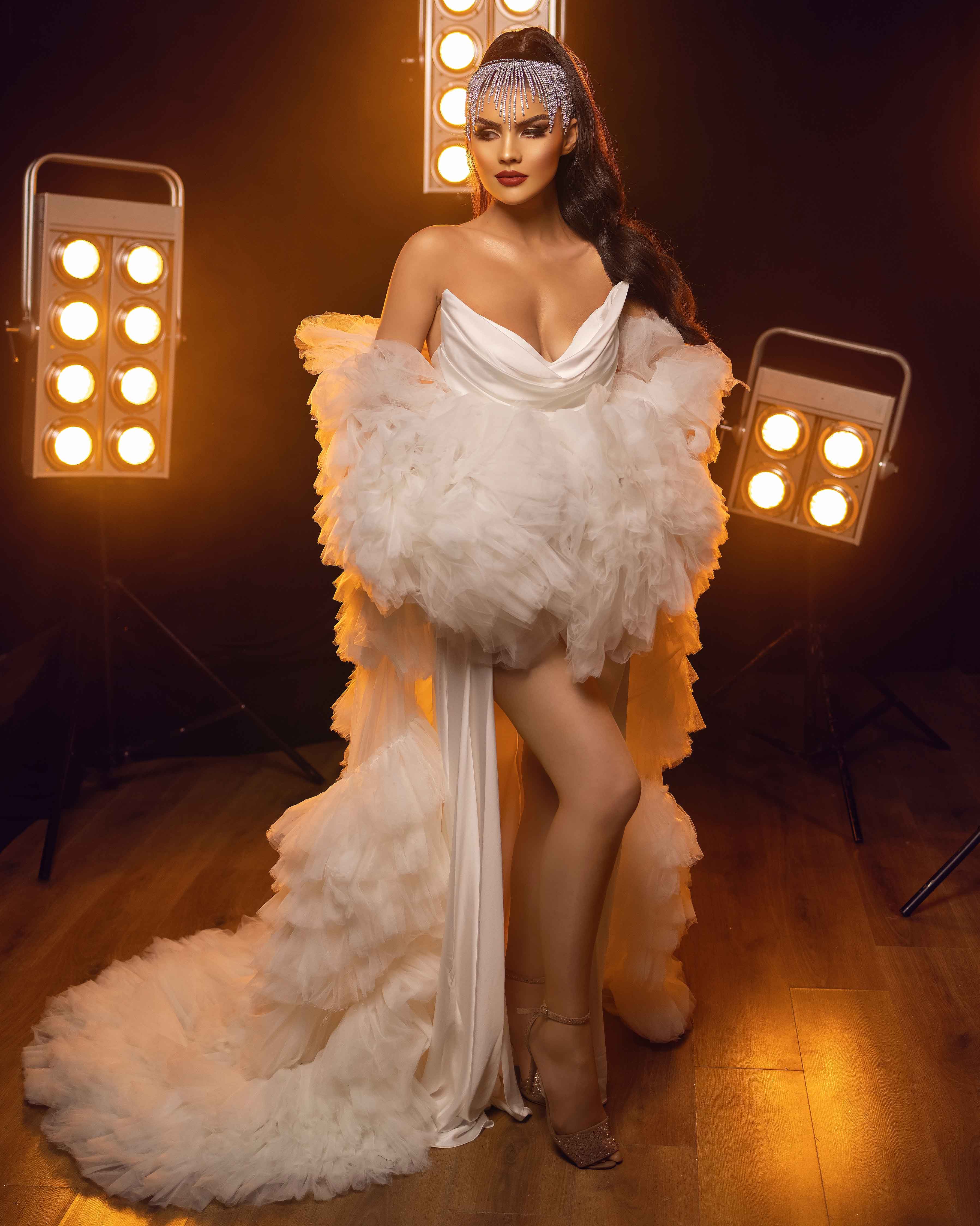 White Cape Strapless Satin Dress