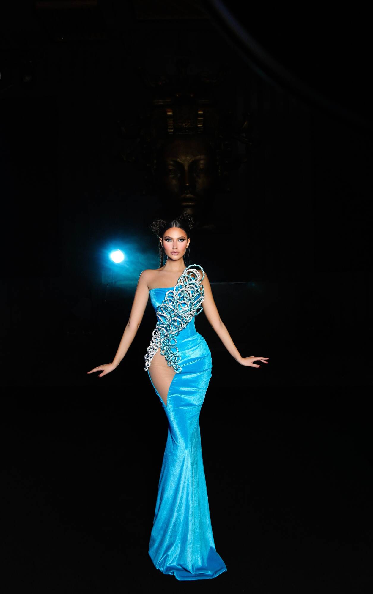 Sky Blue Velvet Long Dress with Hip Cut-Out & Glitter Ribbon Trim Details